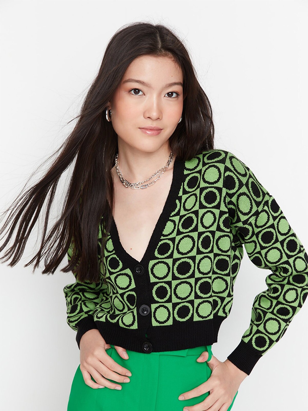 

Trendyol Black & Green Geometric Print Blouson Crop Top