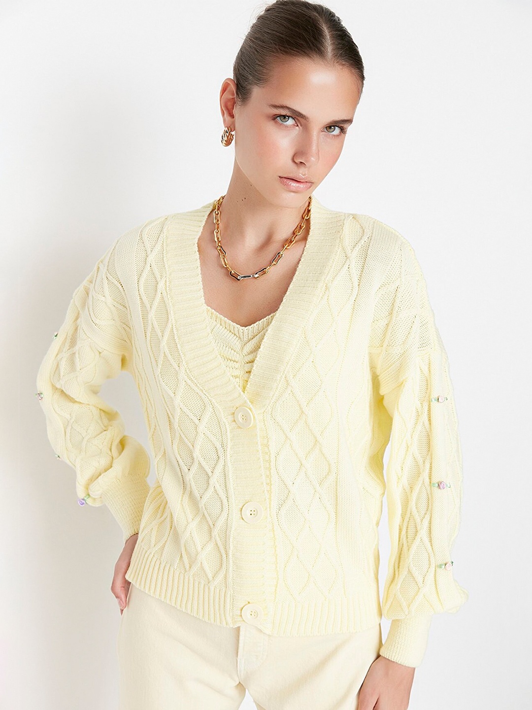 

Trendyol Women Yellow Cable Knit Acrylic Cardigan Sweater