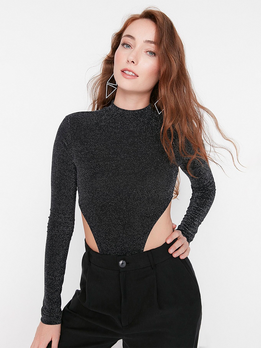 

Trendyol Women Charcoal Grey Shimmer Bodysuit