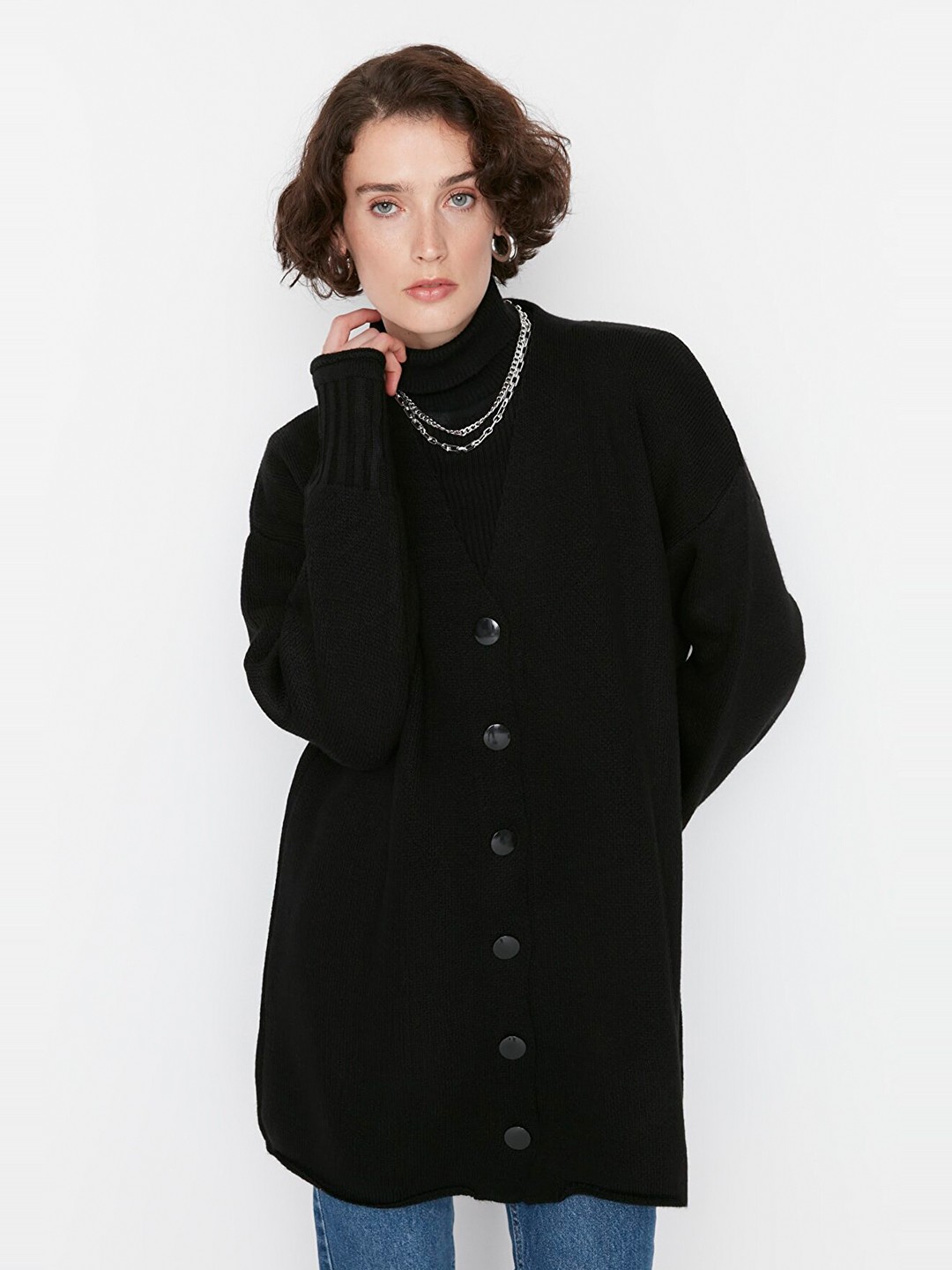 

Trendyol Women Black Solid Longline Cardigan Sweater
