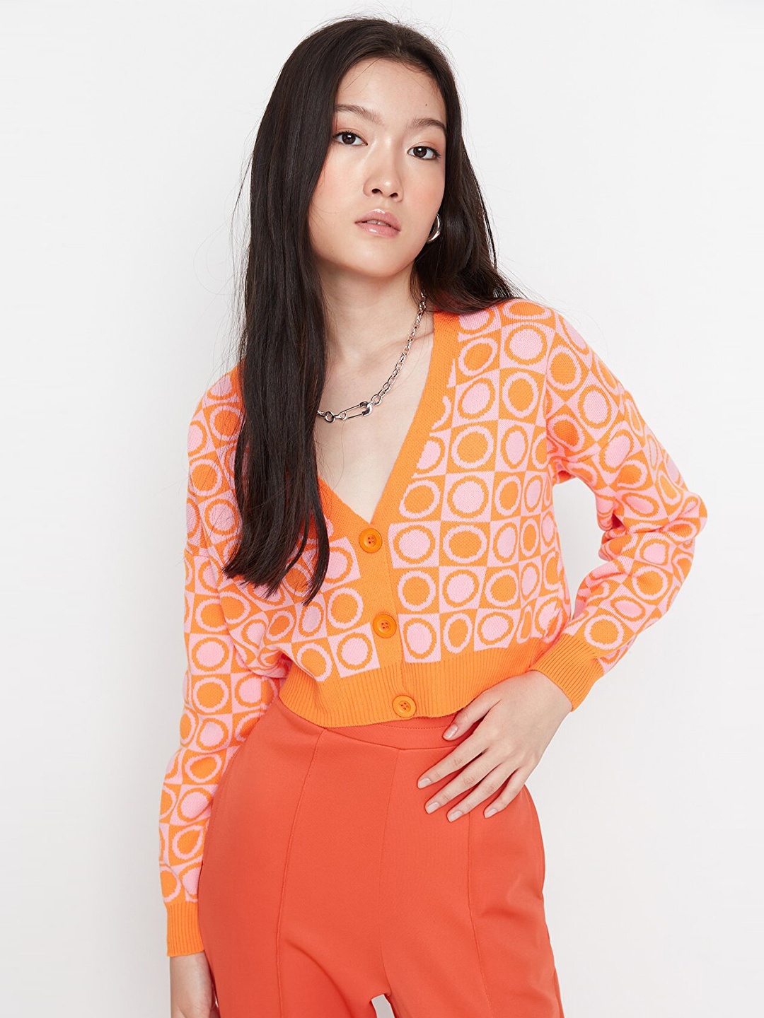 

Trendyol Women Orange & Pink Printed Acrylic Cardigan Sweater