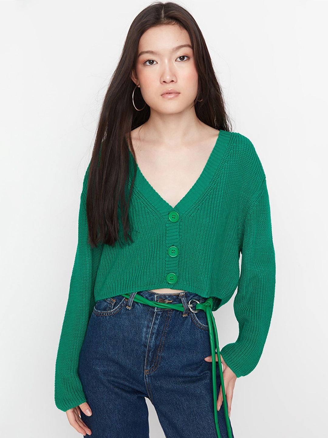 

Trendyol Women Green Solid Crop Acrylic Cardigan Sweater