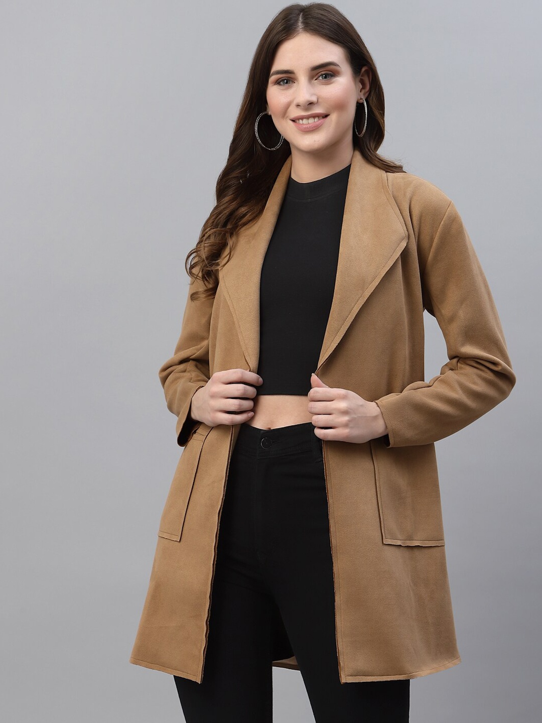 

HOUSE OF KKARMA Women Brown Suede Solid Open Front Longline Jacket