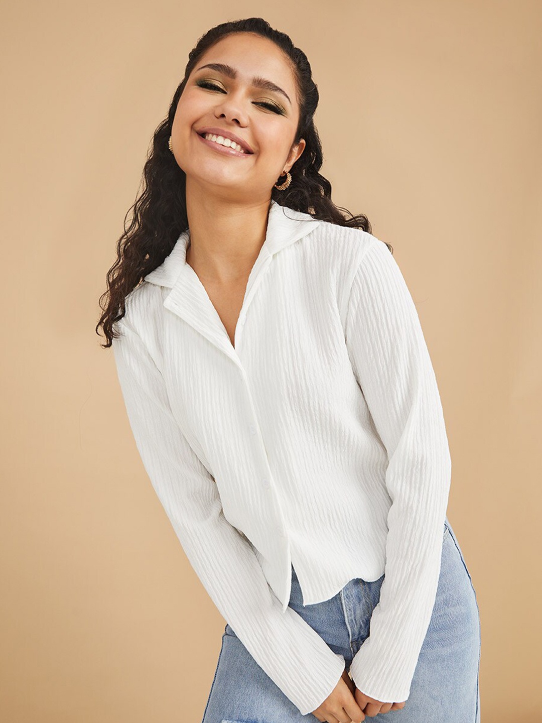 

Styli Women White Striped Ribbed Regular Fit Short Length Shirt