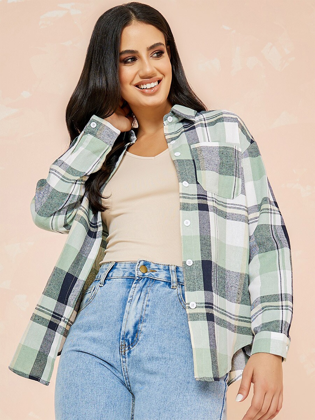 

Styli Women Green Checkered Ribbed Long Sleeves Oversized Shirt