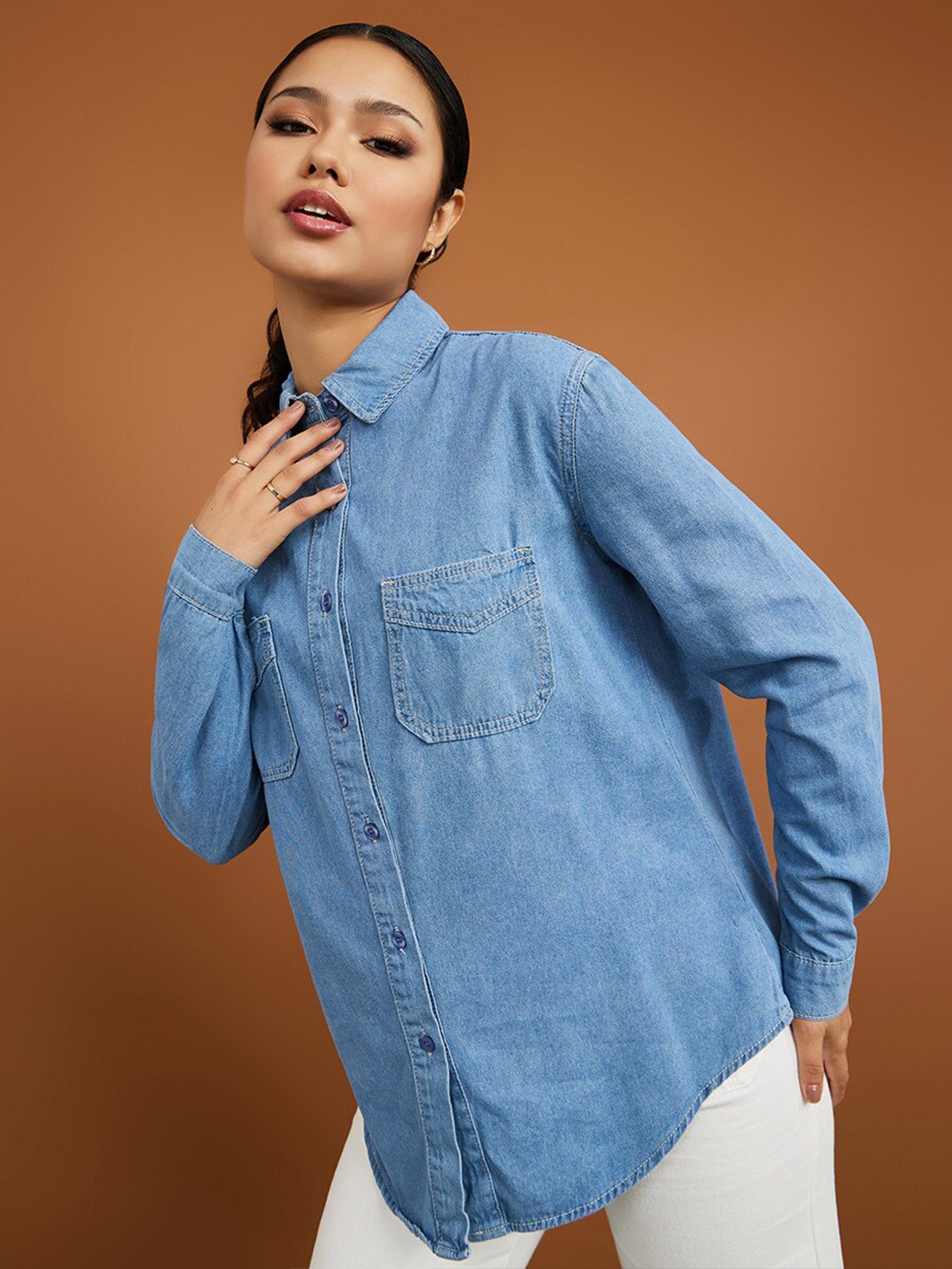 

Styli Women Blue Oversized Longline Denim Shirt with Patch Pocket