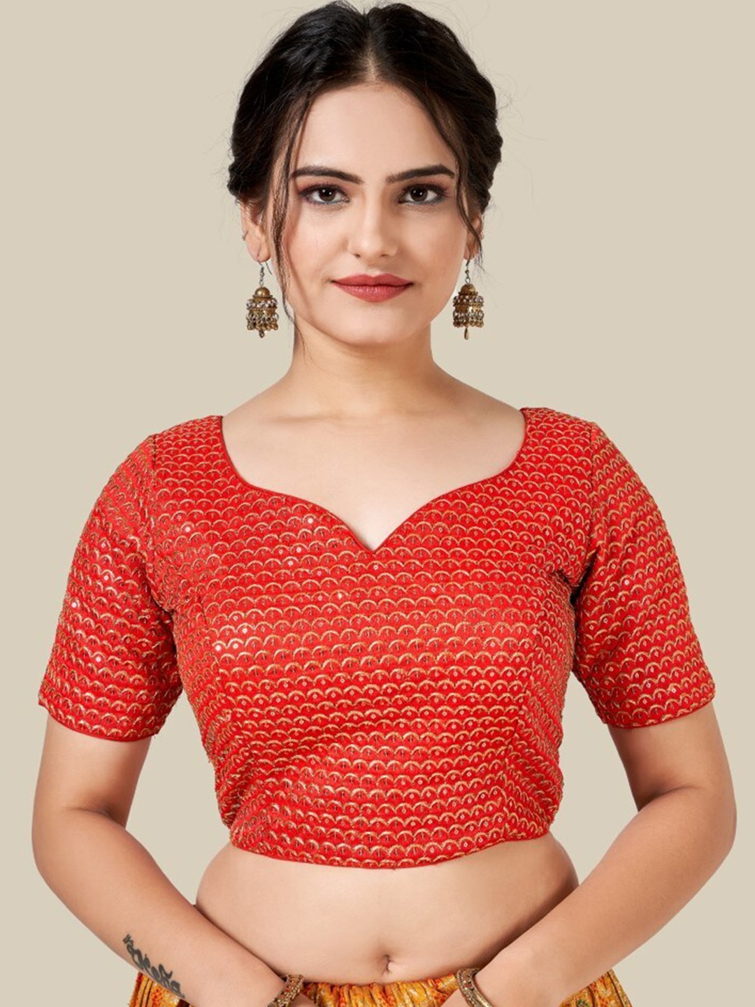 

HIMRISE Red Sequin Embellished Stitched Silk Saree Blouse