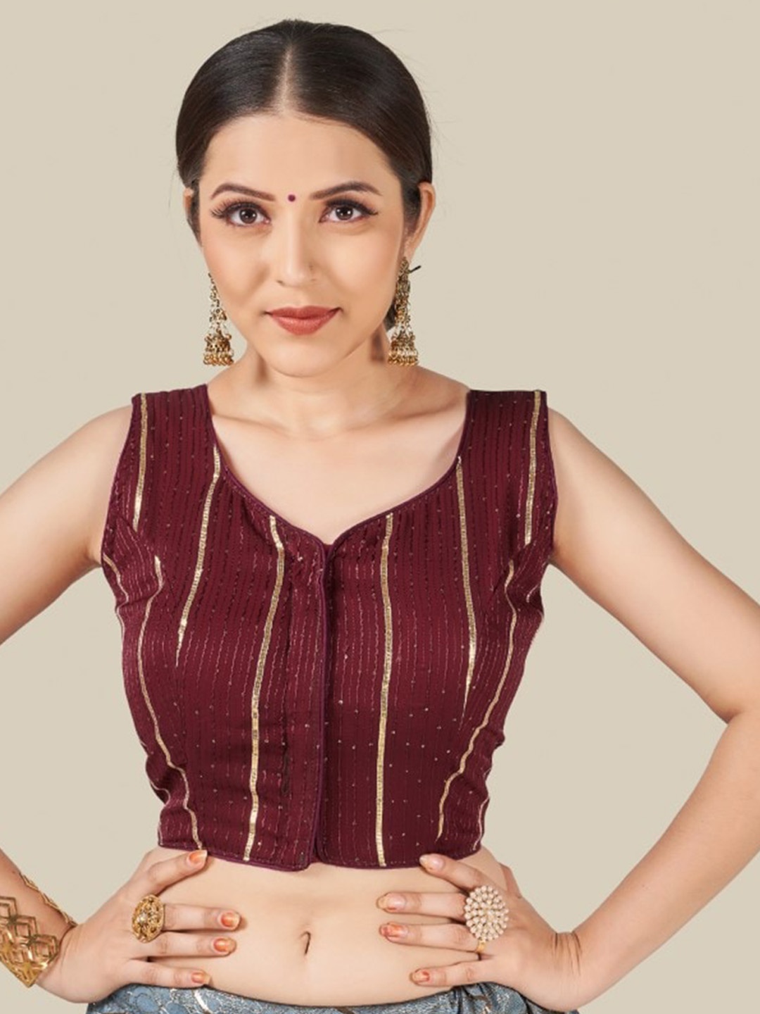 

HIMRISE Plus Size Maroon Sequin Embroidered Stitched Saree Blouse