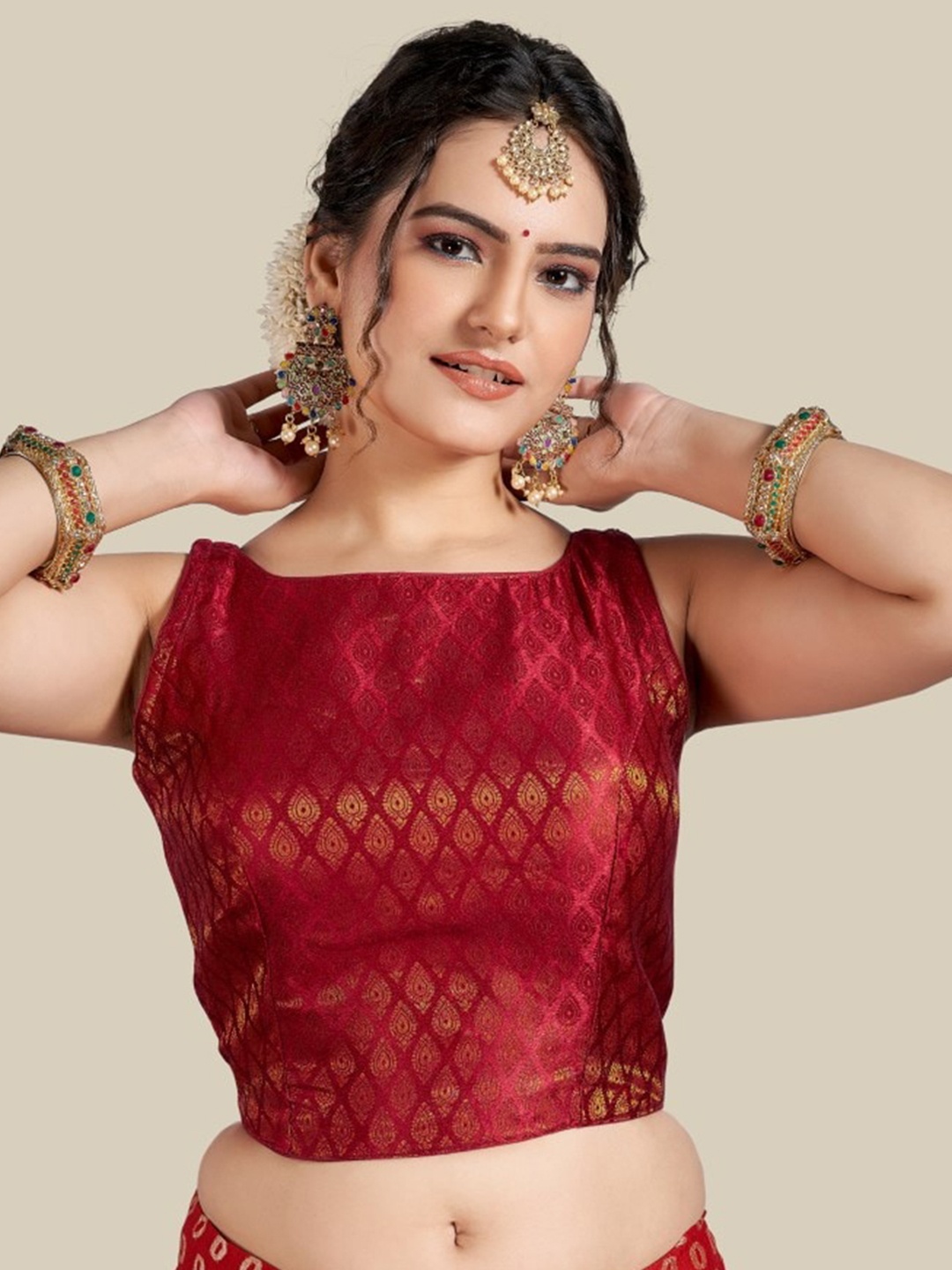 

HIMRISE Women Maroon Woven Design Readymade Saree Blouse