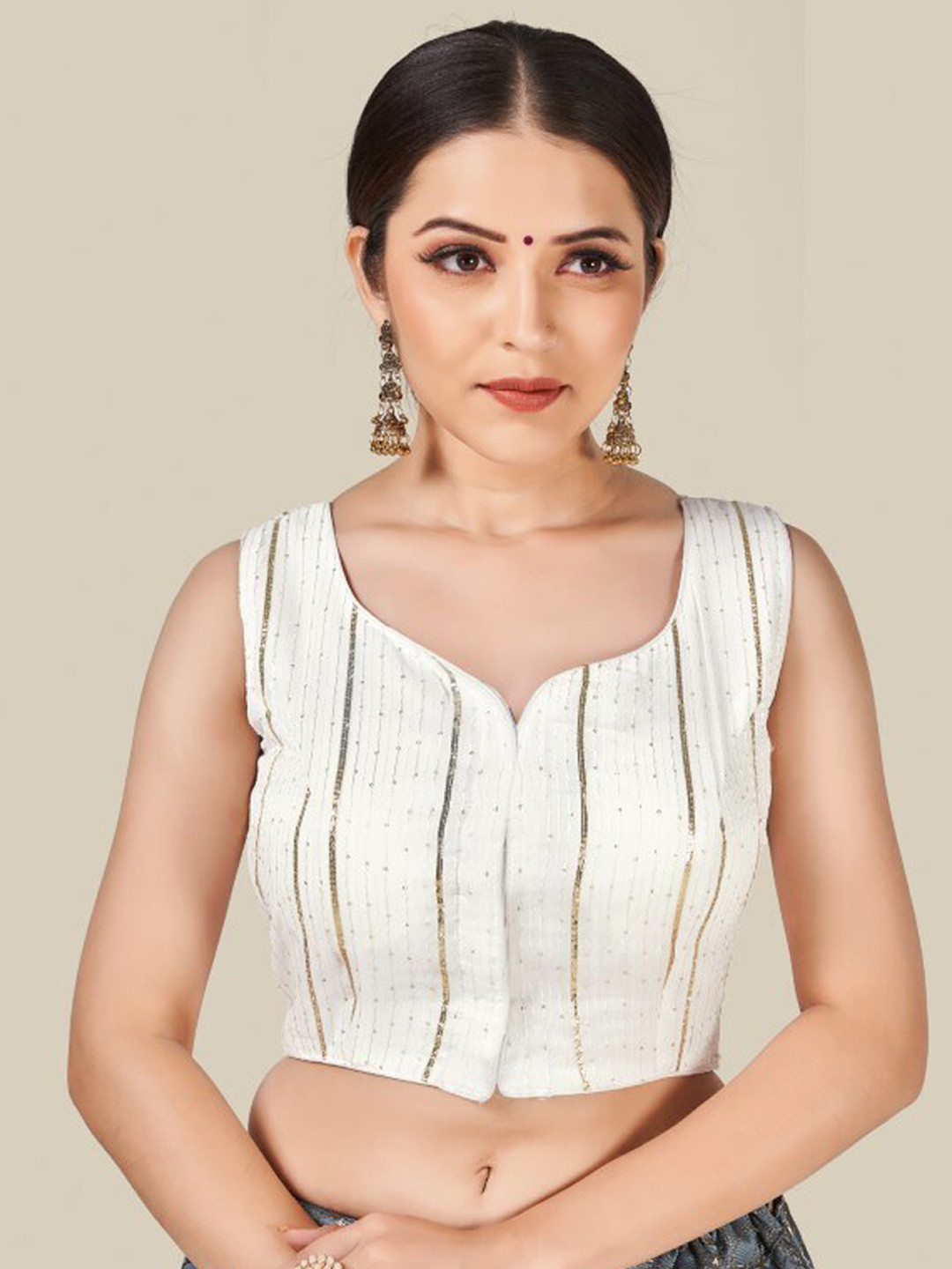 

HIMRISE Women White & Gold Embellished Silk Saree Blouse