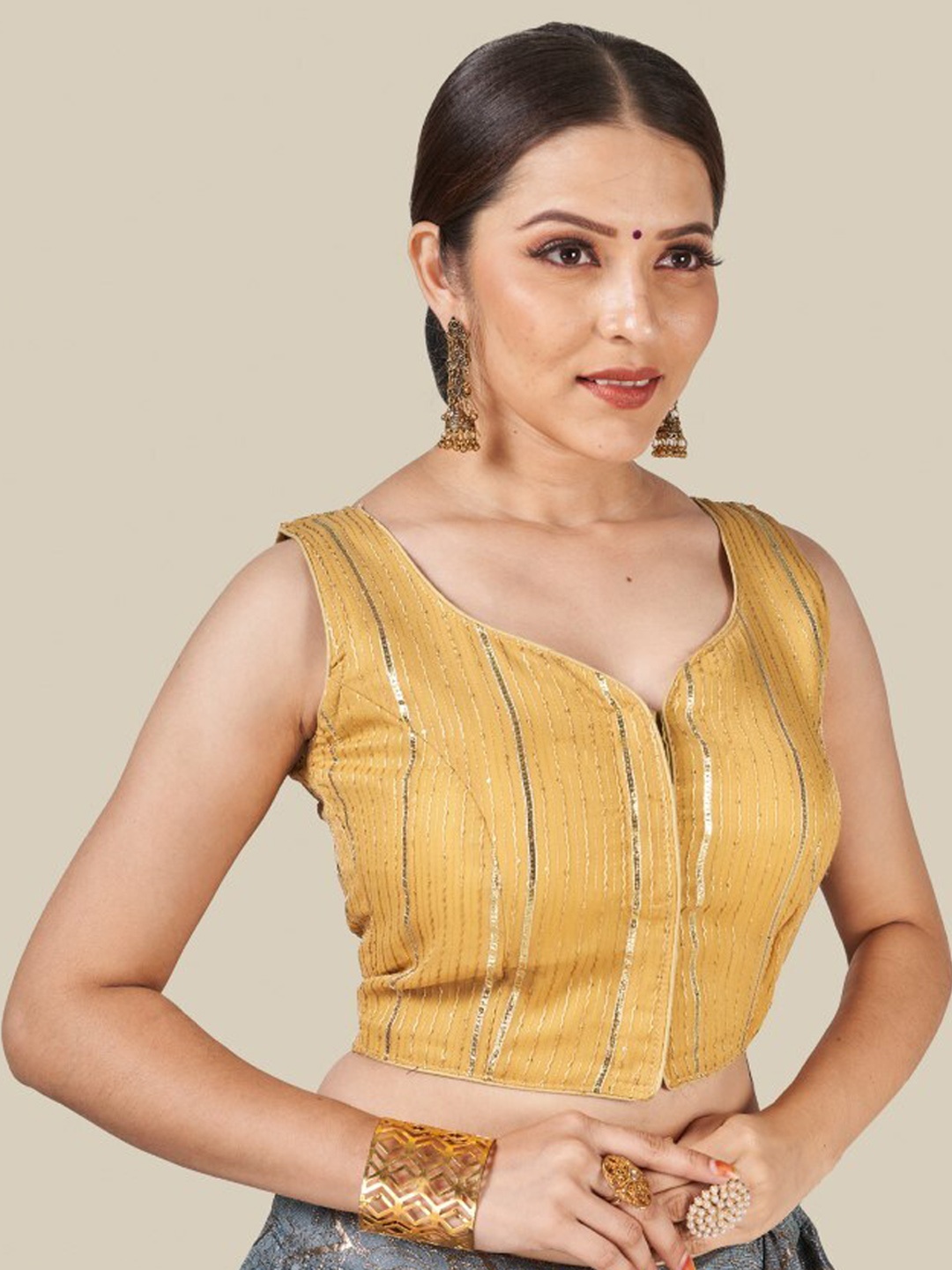 

HIMRISE Gold-Coloured Sequin Embellished Silk Saree Blouse