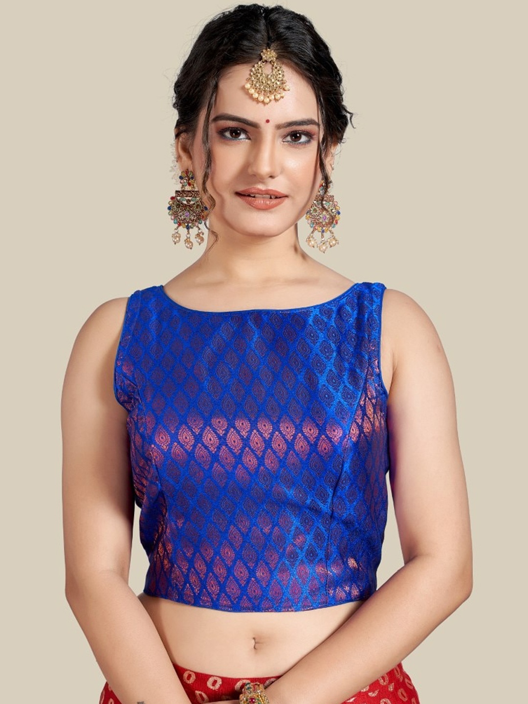 

HIMRISE Blue Printed Jacquard Stitched Saree Blouse