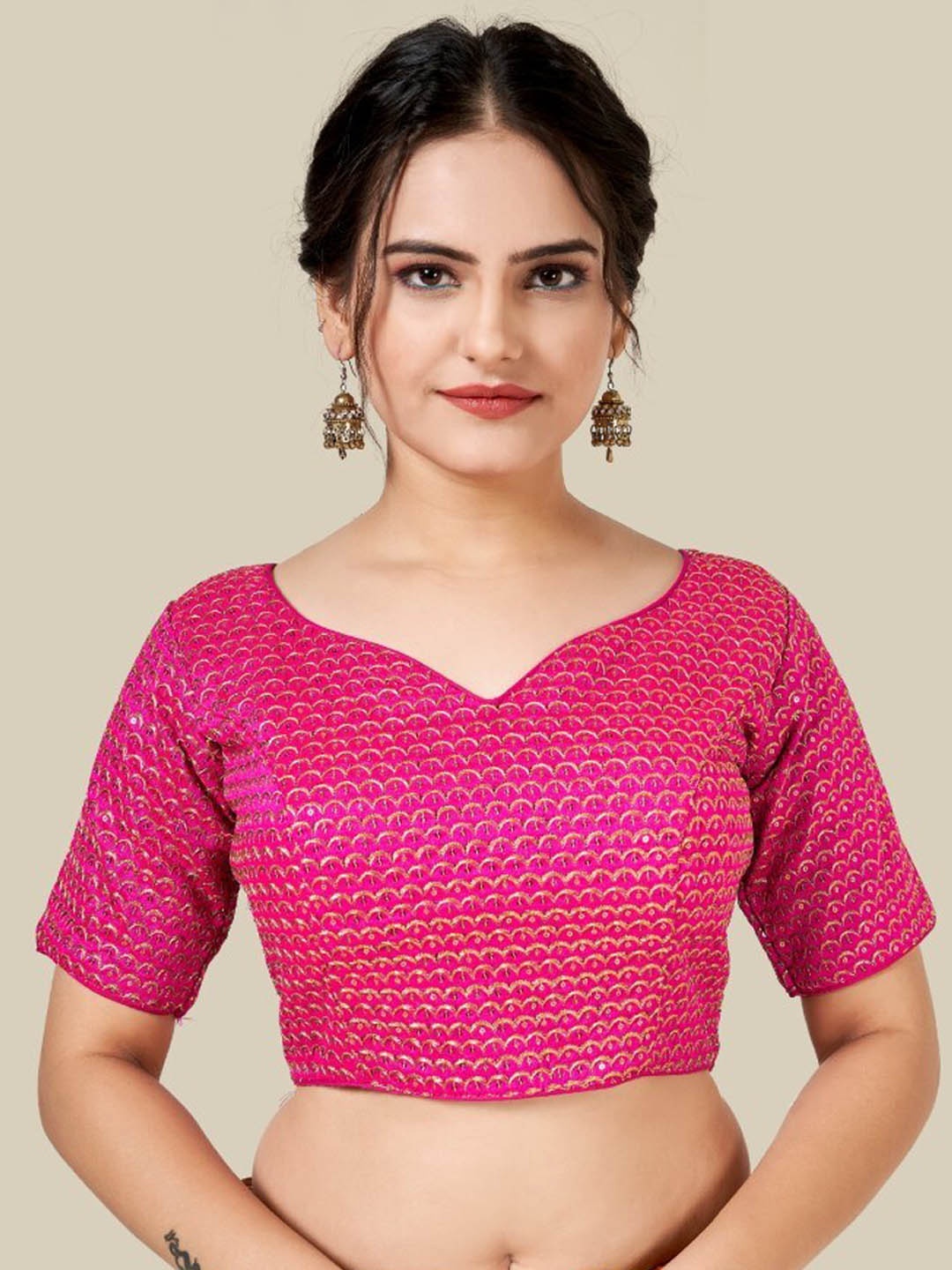 

HIMRISE Pink Sequin Embellished Stitched Silk Saree Blouse