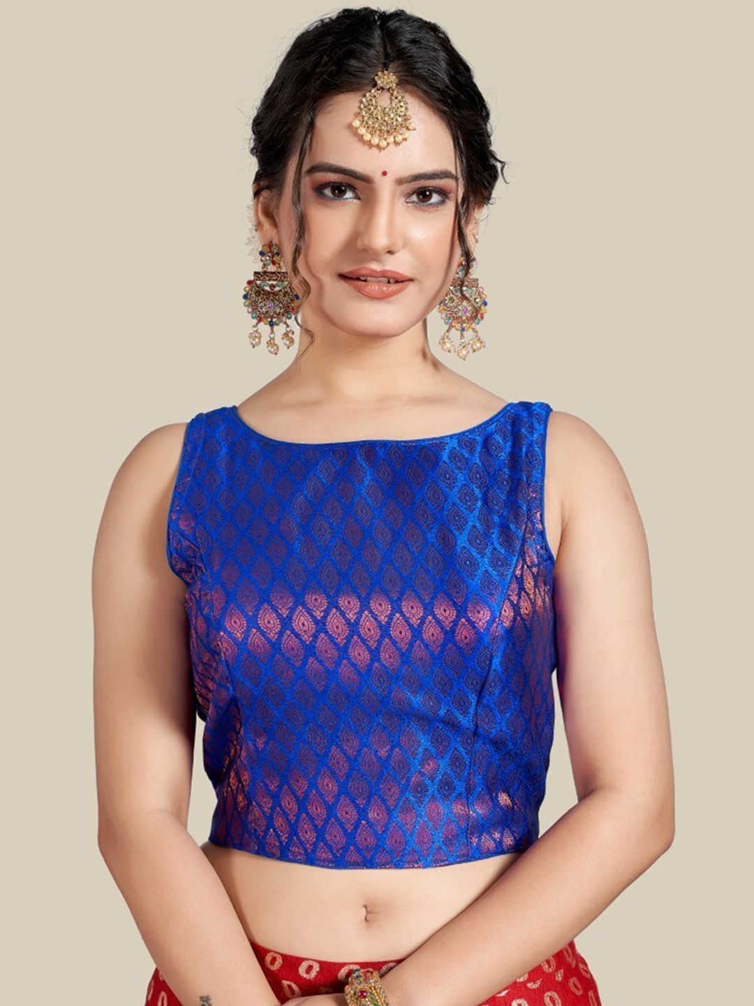 

HIMRISE Women Blue & Gold-Toned Woven Design Readymade Saree Blouse