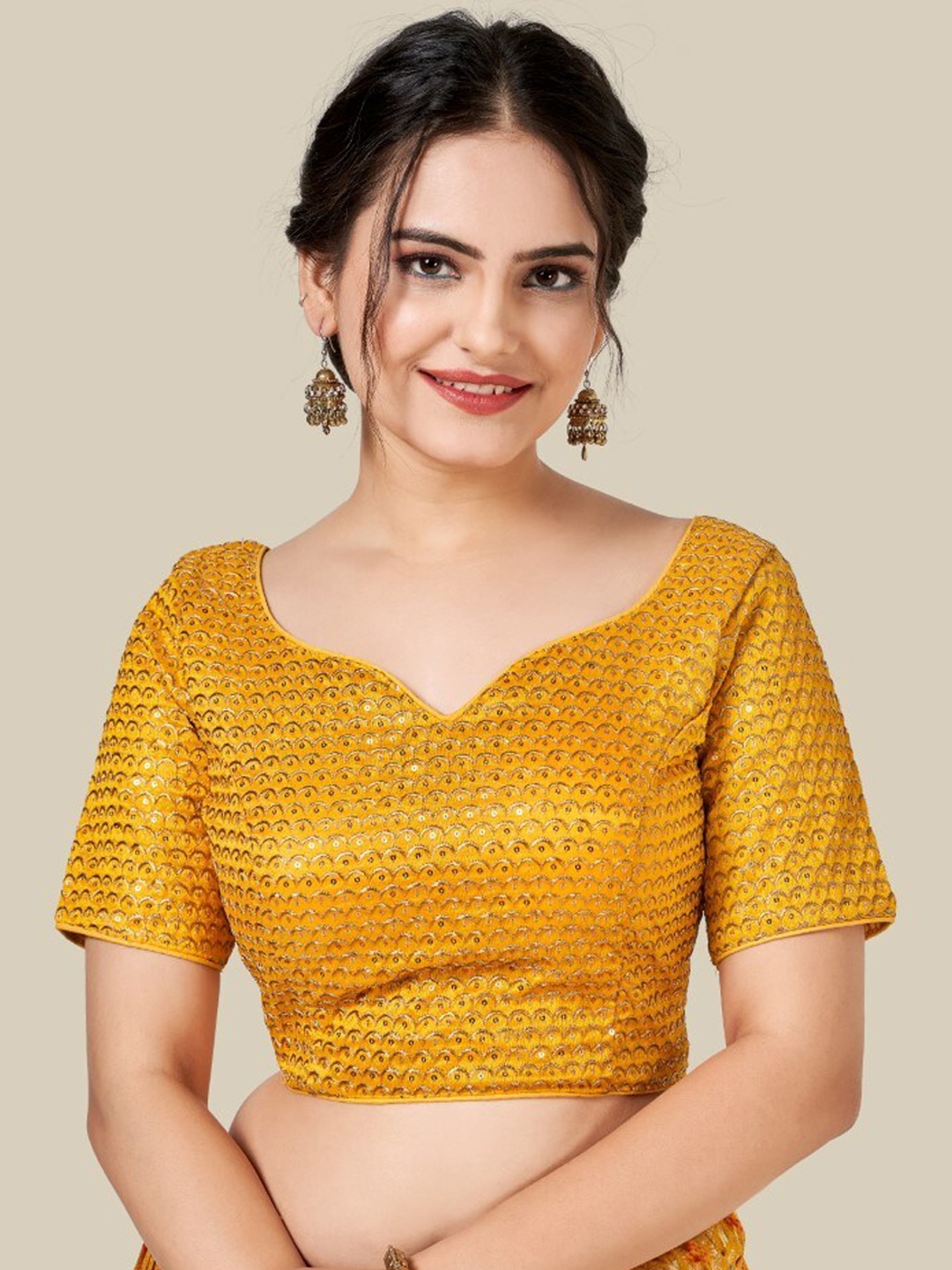

HIMRISE Yellow Sequin Embellished Stitched Silk Saree Blouse