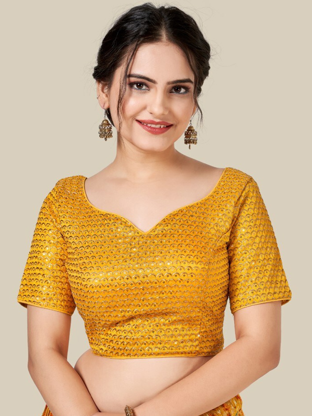 

HIMRISE Yellow Sequin Embellished Stitched Silk Saree Blouse