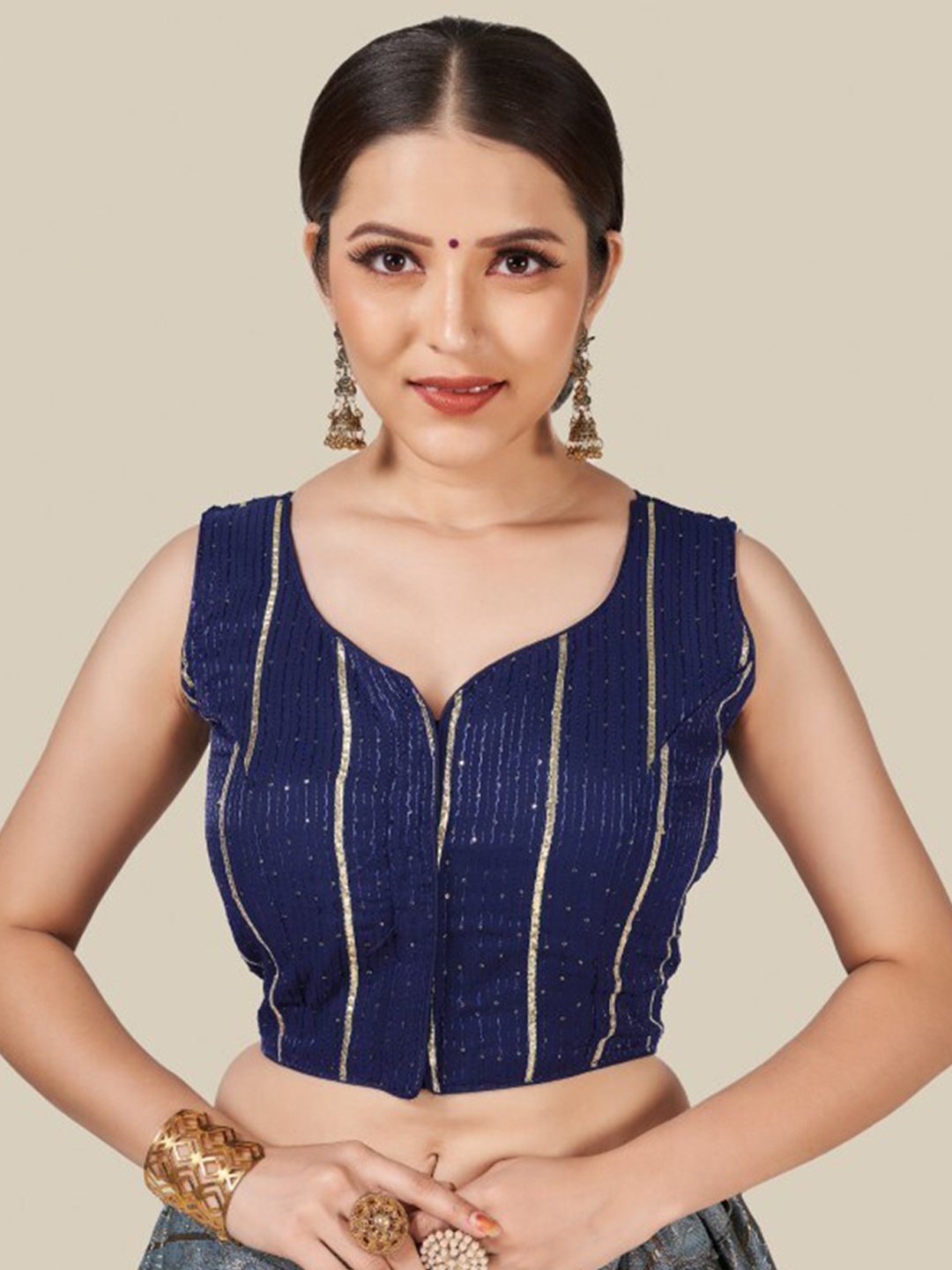 

HIMRISE Navy Blue Sequin Embellished Stitched Silk Saree Blouse