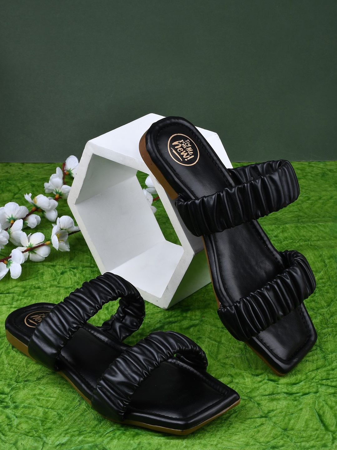

Try Me Women Black Open Toe Flats with Buckles