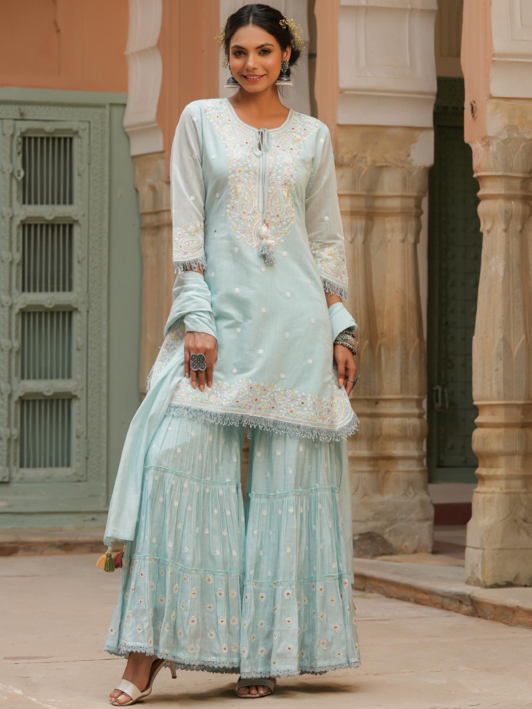 

SCAKHI Women Blue Floral Embroidered Chanderi Silk Kurti with Sharara & With Dupatta Set