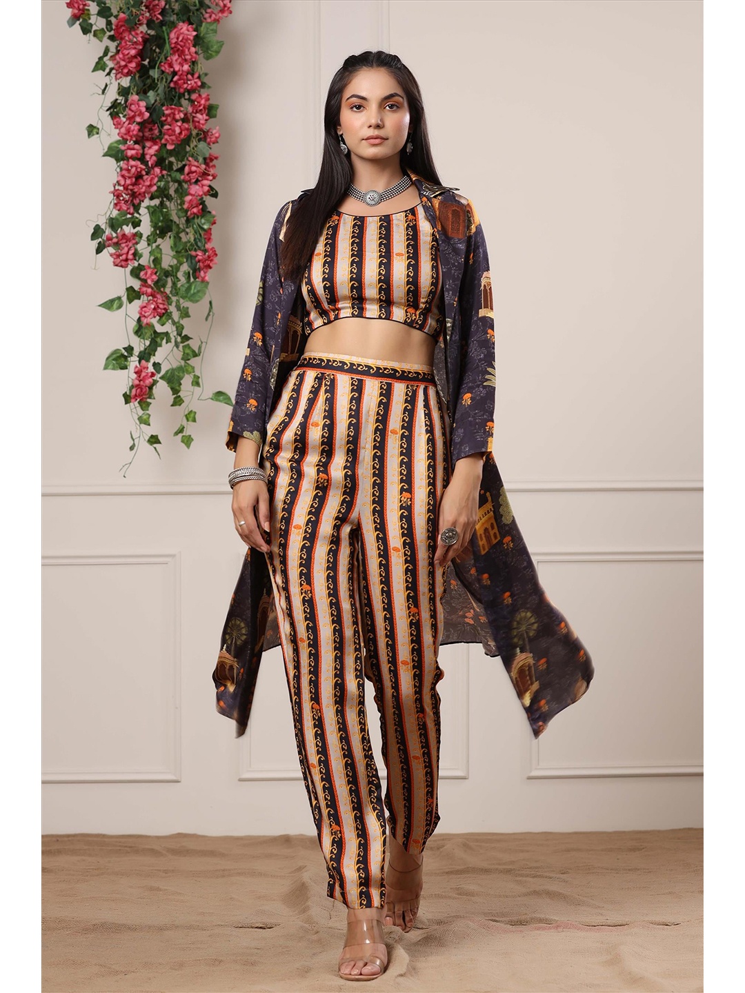 

SCAKHI Women Mustard & Black Striped Fusion Co-Ords Set