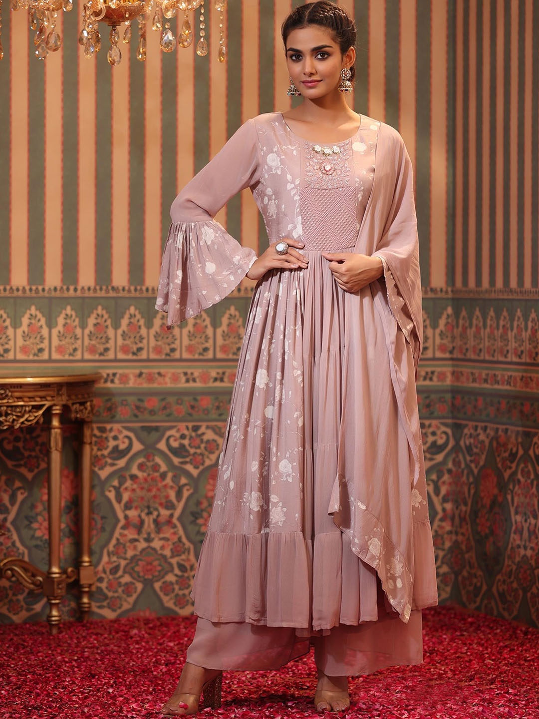 

SCAKHI Women Nude-Coloured Floral Printed Pleated Kurta with Palazzos & With Dupatta