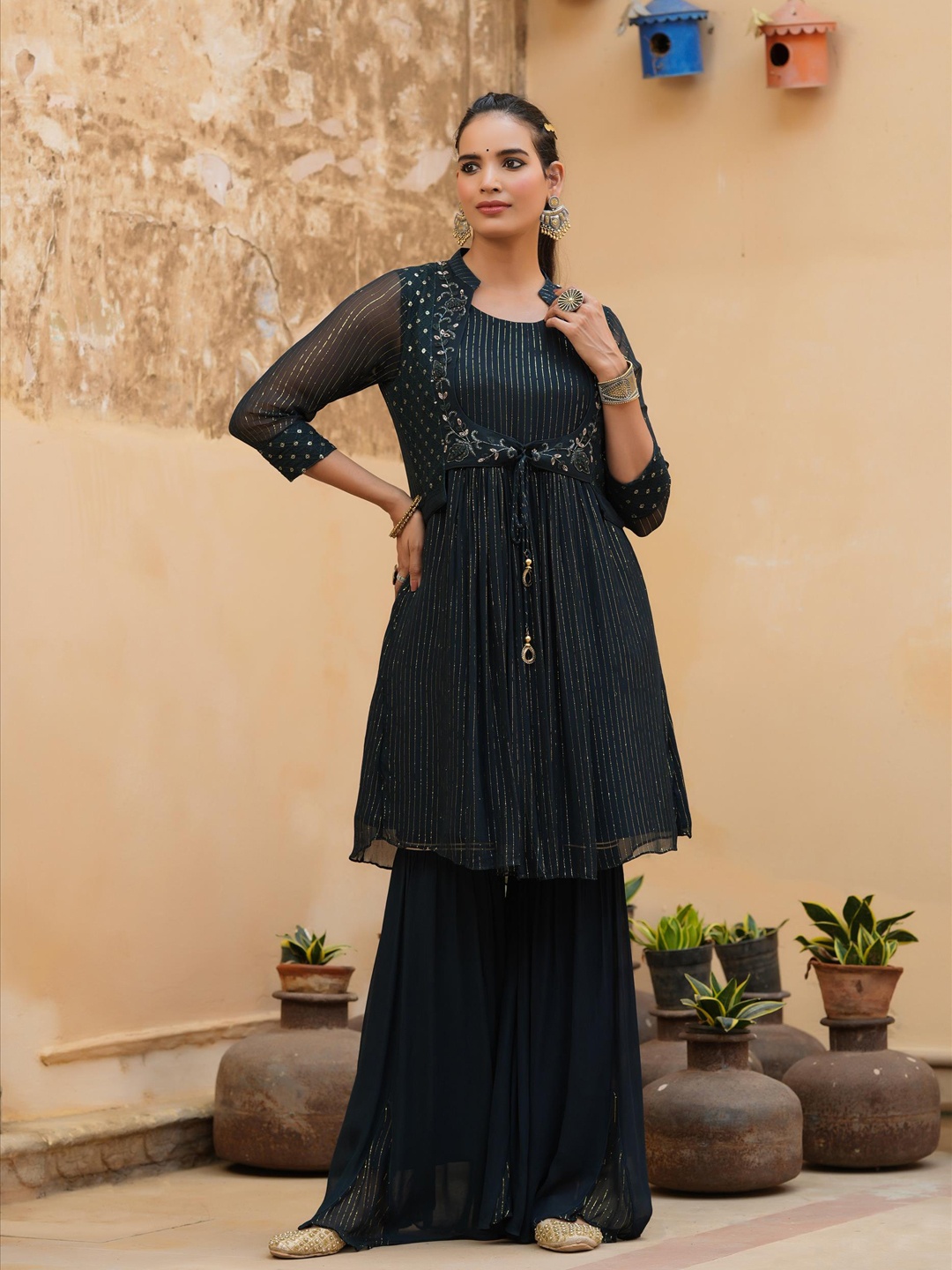 

SCAKHI Women Teal Floral Embroidered Layered Phulkari Kurta with Sharara