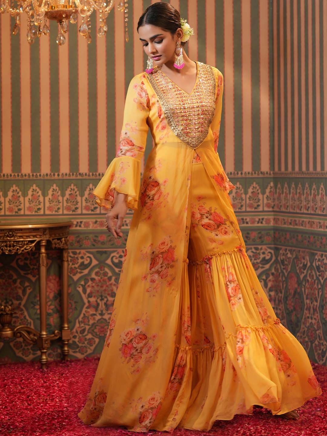 

SCAKHI Women Yellow Floral Printed High Slit Mirror Work Kurta with Sharara