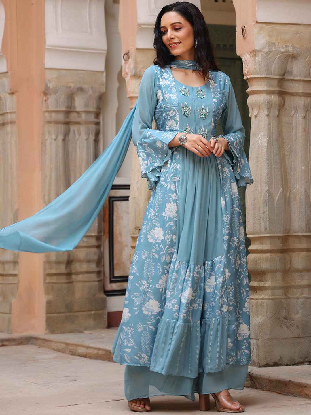 

SCAKHI Women Blue Floral Printed Pleated Kurta with Palazzo & With Dupatta
