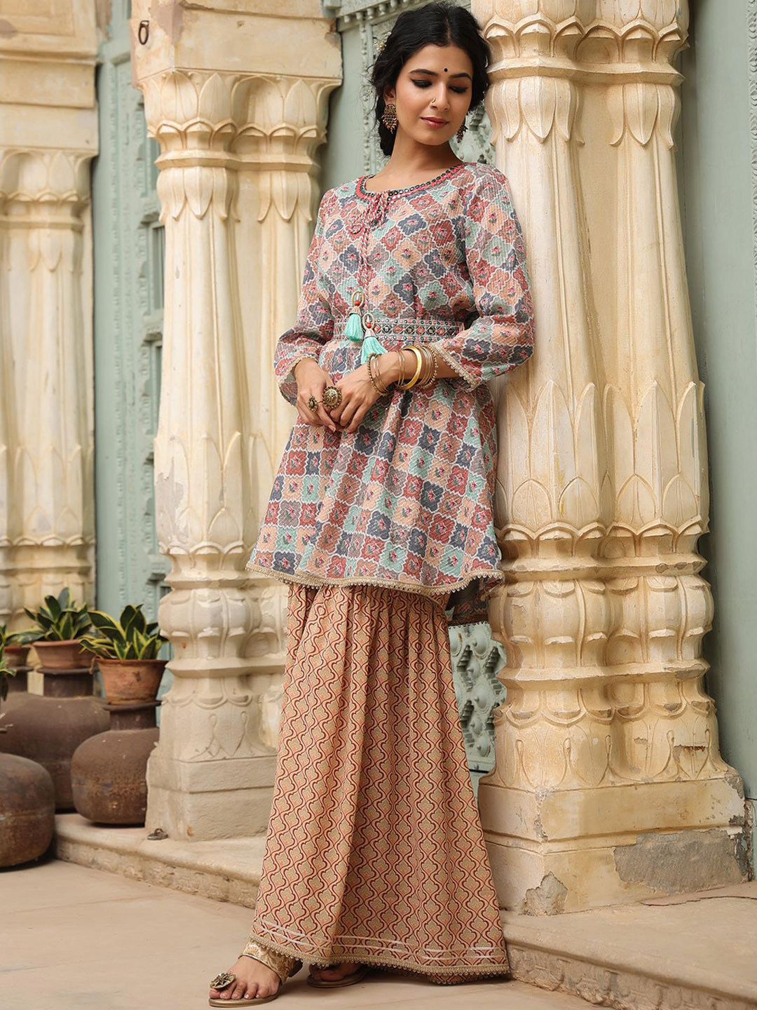 

SCAKHI Women Blue Printed Crochet Work Belted Kurti with Sharara