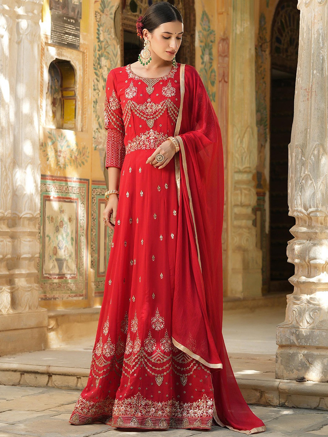 

SCAKHI Women Red Ethnic Motifs Embroidered Kurta with Trousers & With Dupatta