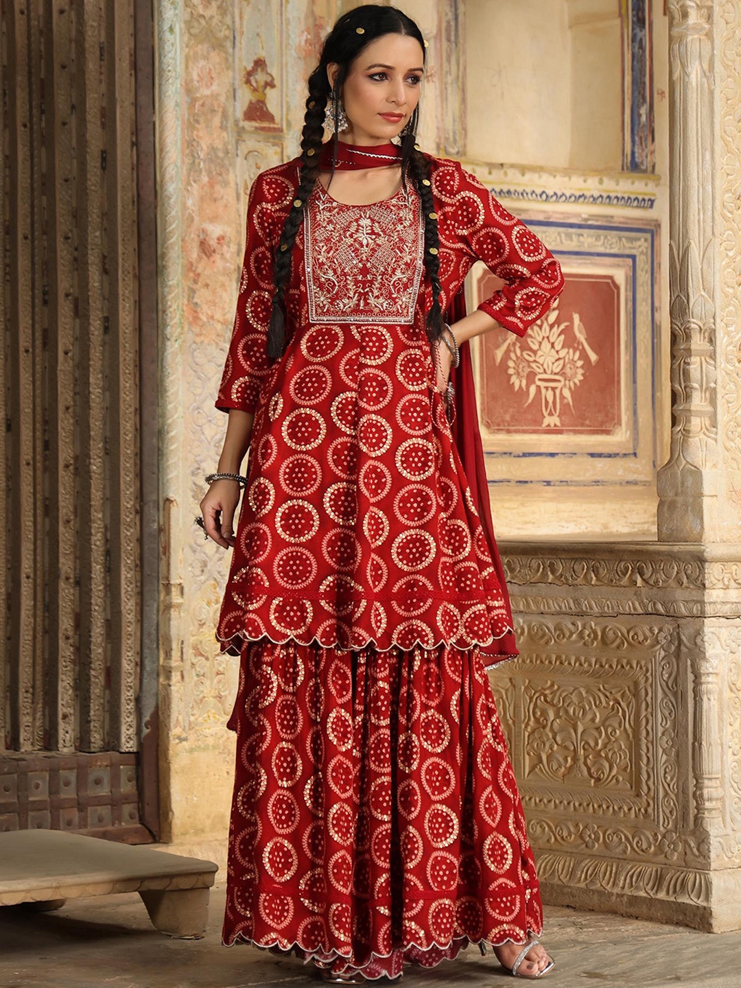 

SCAKHI Women Red & Gold Ethnic Motifs Printed Kurta with Sharara & With Dupatta