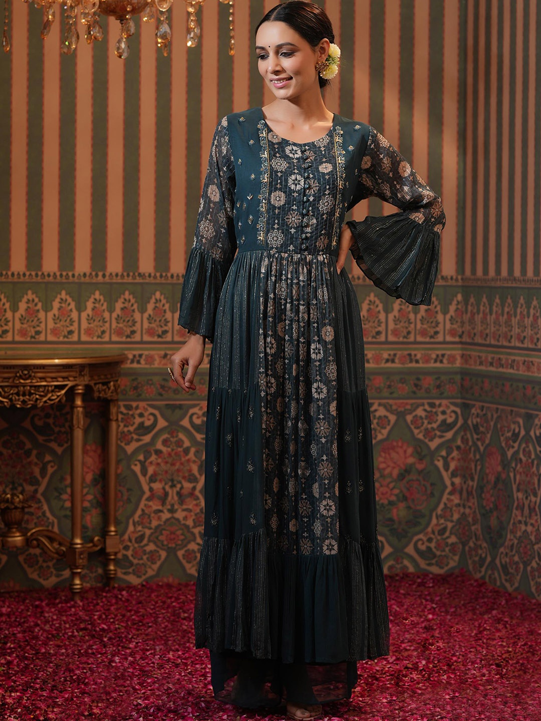 

SCAKHI Women Navy Blue & Cream Floral Printed Pleated Kurta with Palazzos & With Dupatta