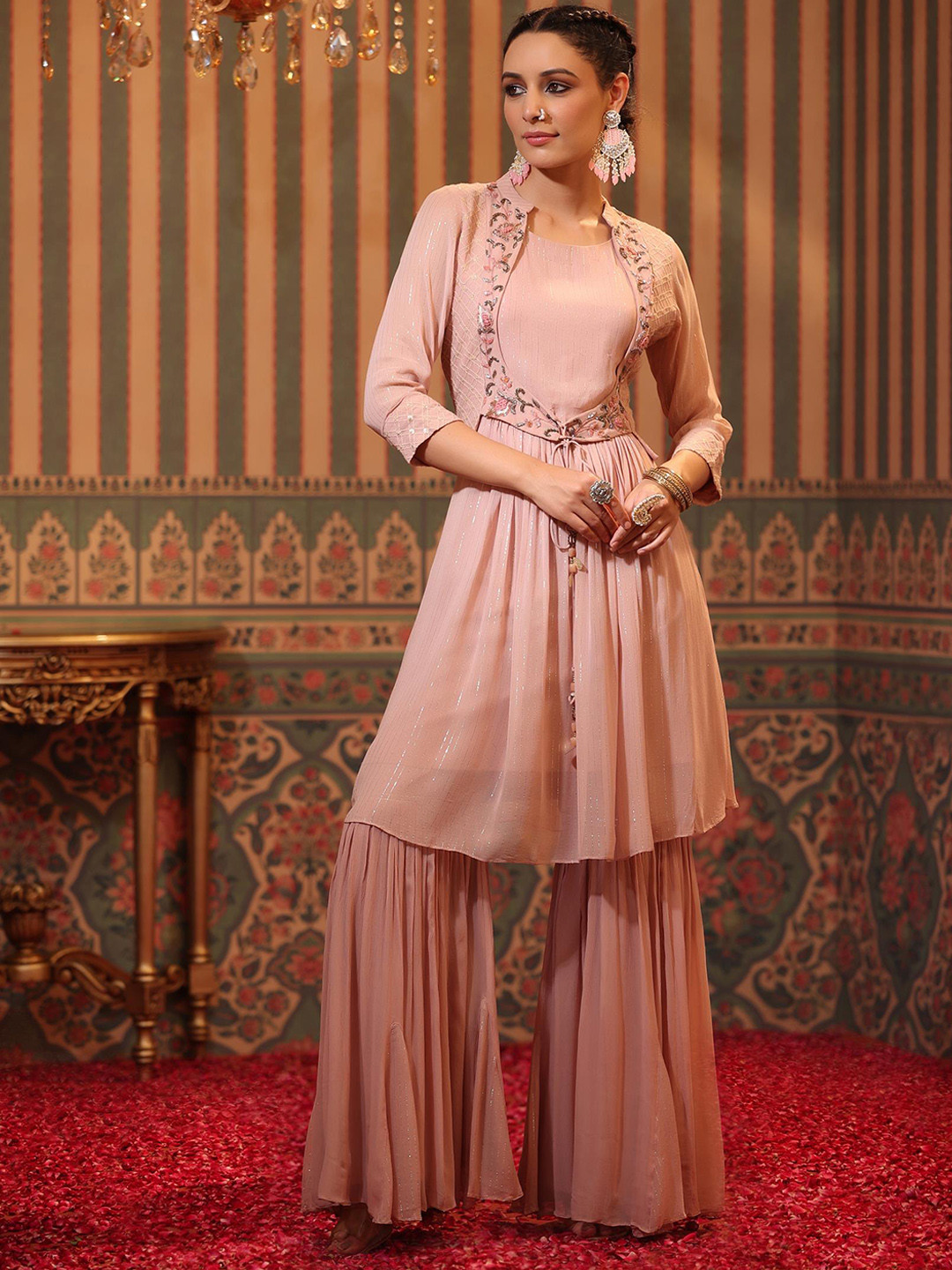 

SCAKHI Women Peach-Coloured Floral Embroidered Pleated Kurta with Sharara
