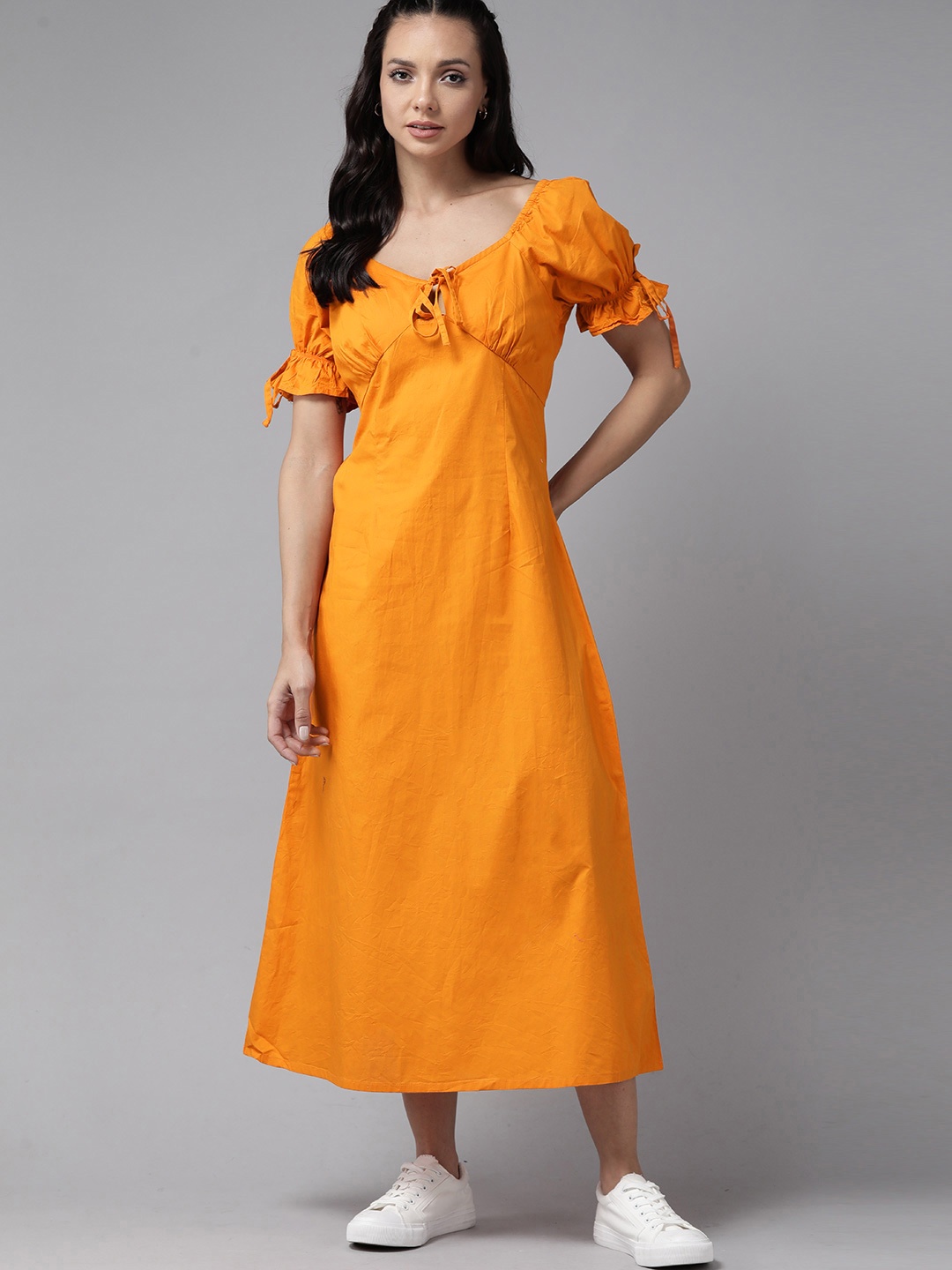

The Roadster Lifestyle Co. Puff Sleeve Pure Cotton A-Line Midi Dress, Orange