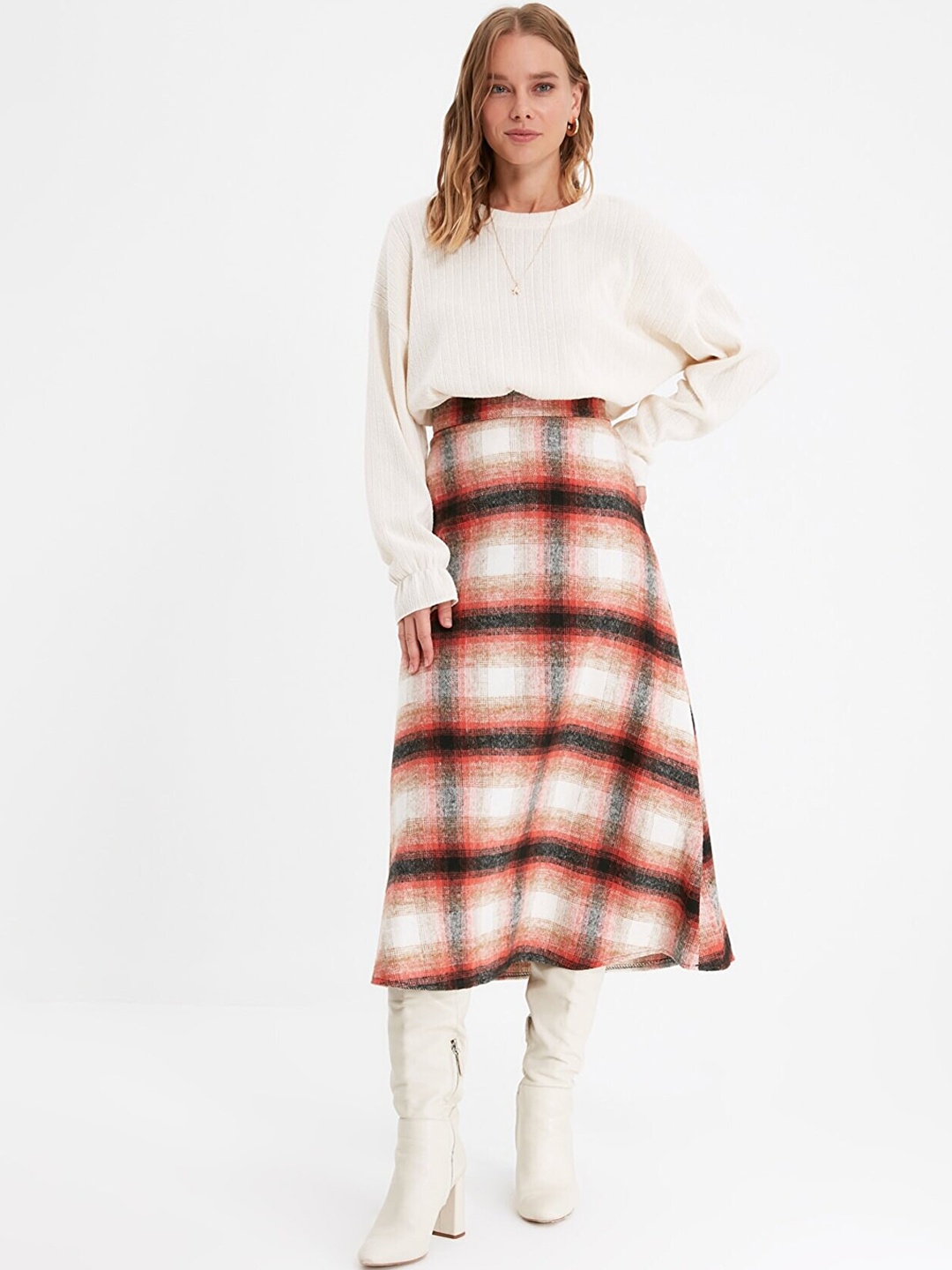 

Trendyol Women Orange Checked midi Flared Skirts