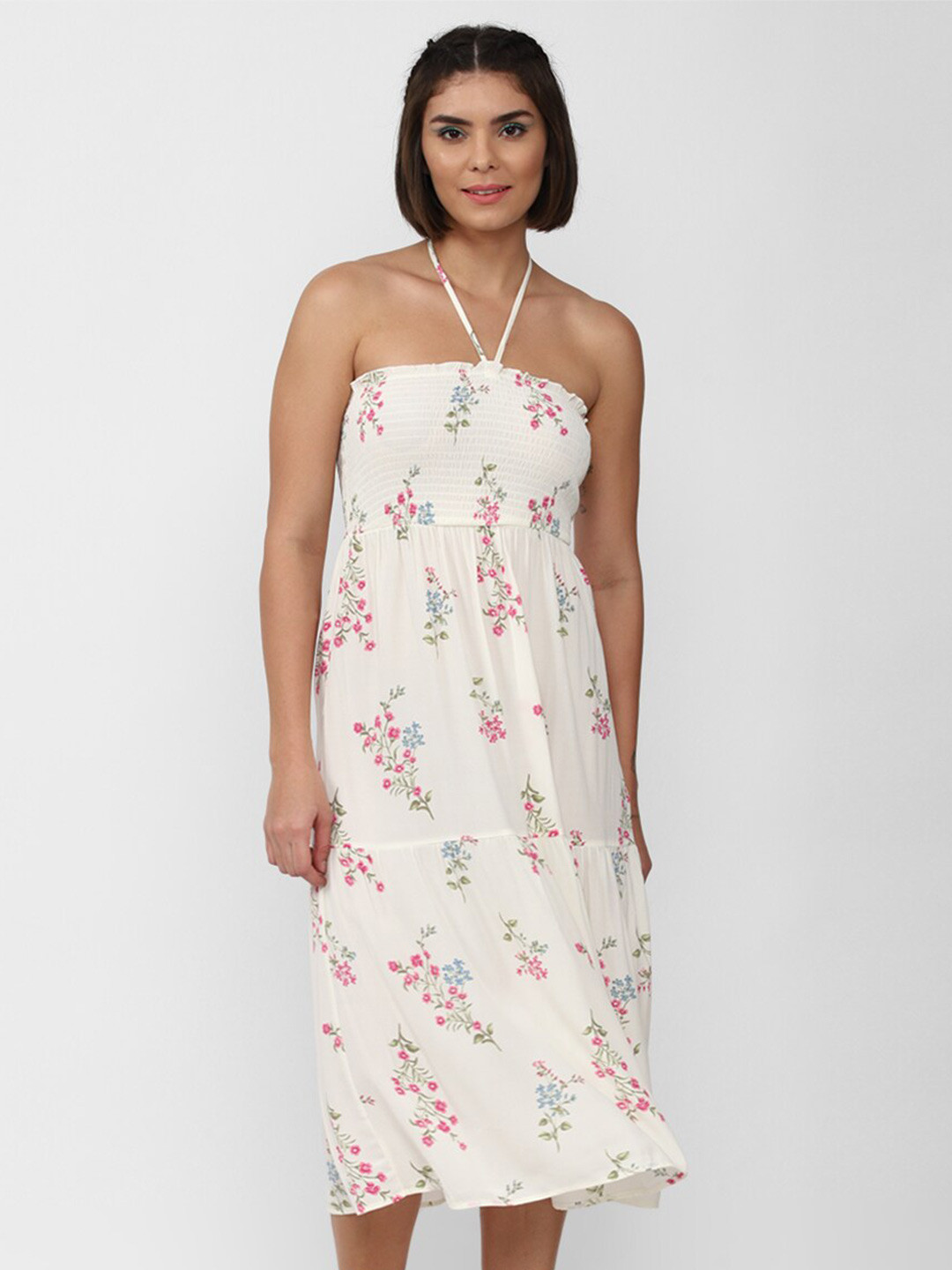 

FOREVER 21 White & Red Floral Halter Neck Midi Dress