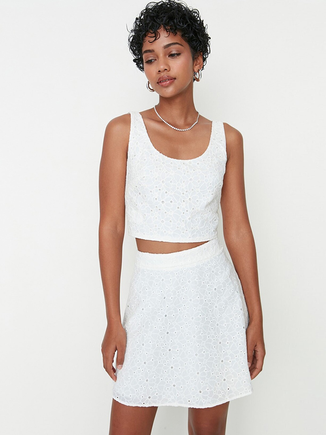 

Trendyol Women Off-White Solid Pure Cotton A-Line Mini Skirt