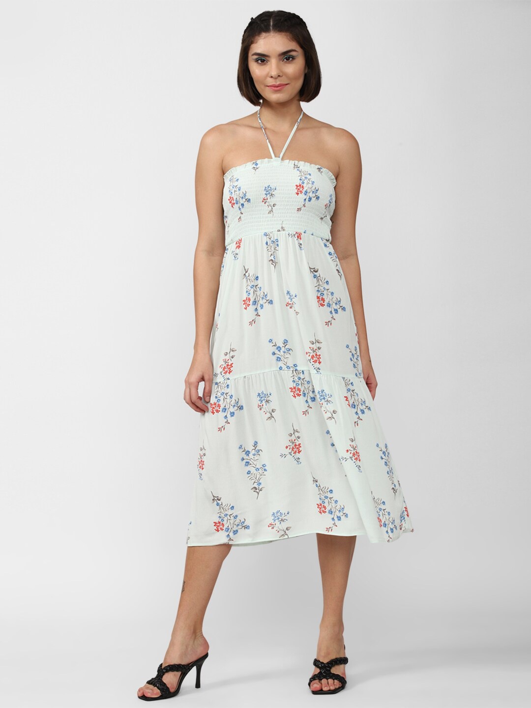 

FOREVER 21 Women Off White & Blue Floral Midi Dress