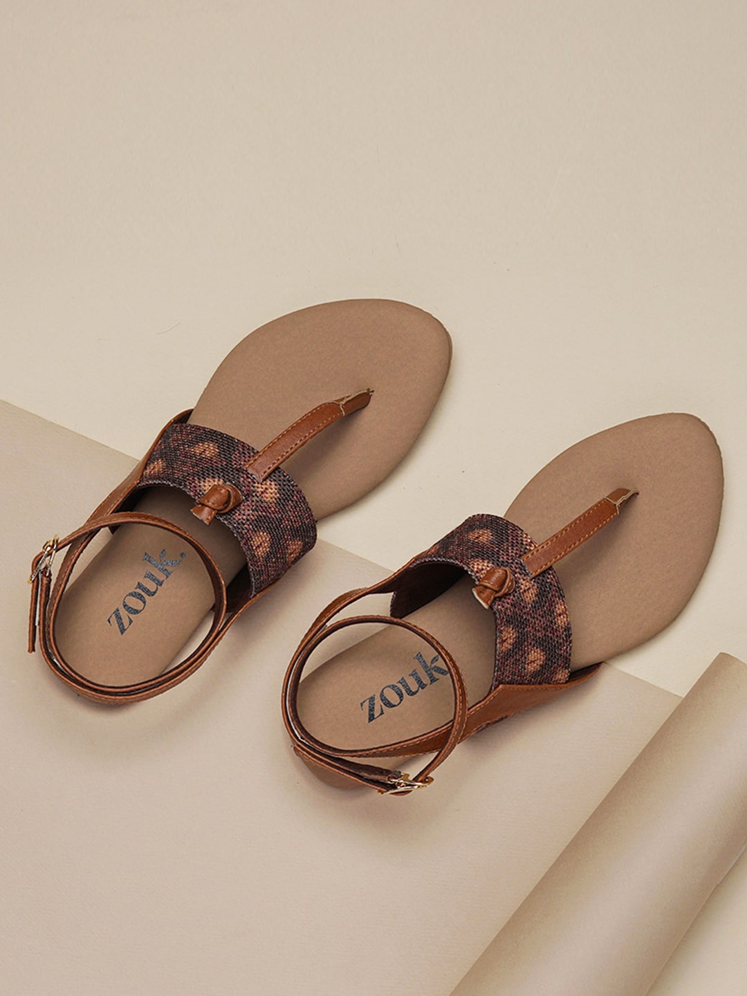 

ZOUK Women Brown Printed Open Toe Flats with Buckles