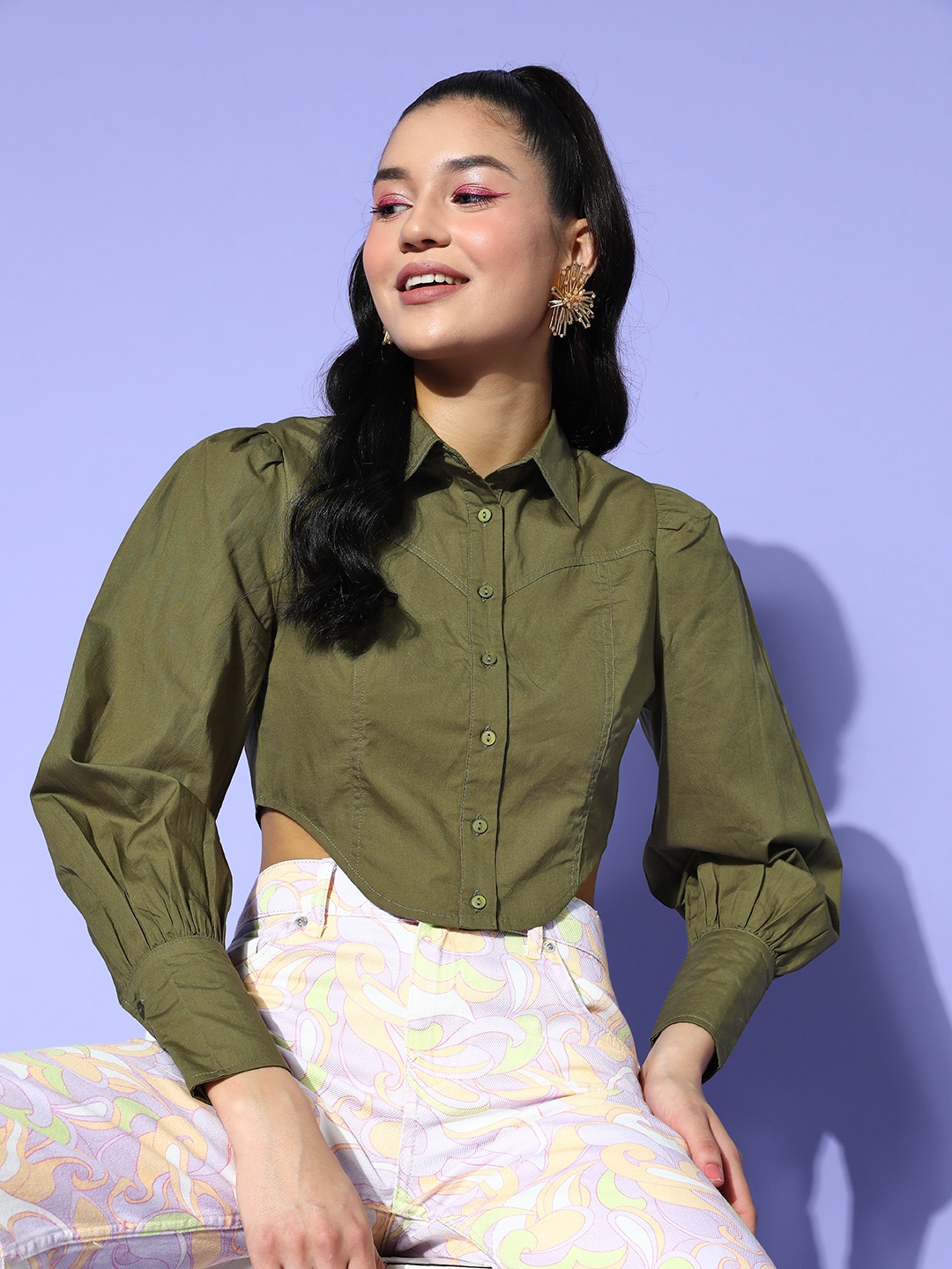 

The Roadster Lifestyle Co. Women Lush Green Corset Club Cropped Shirt, Olive