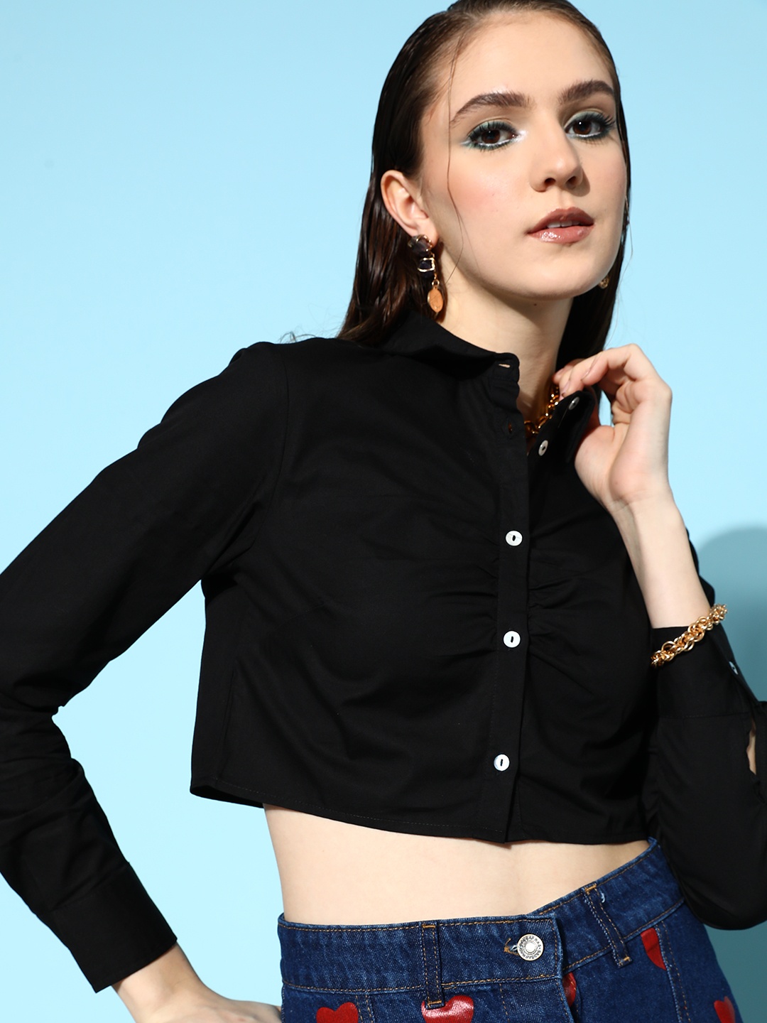 

The Roadster Lifestyle Co. Jet Black Pure Cotton Ruching Crop Shirt
