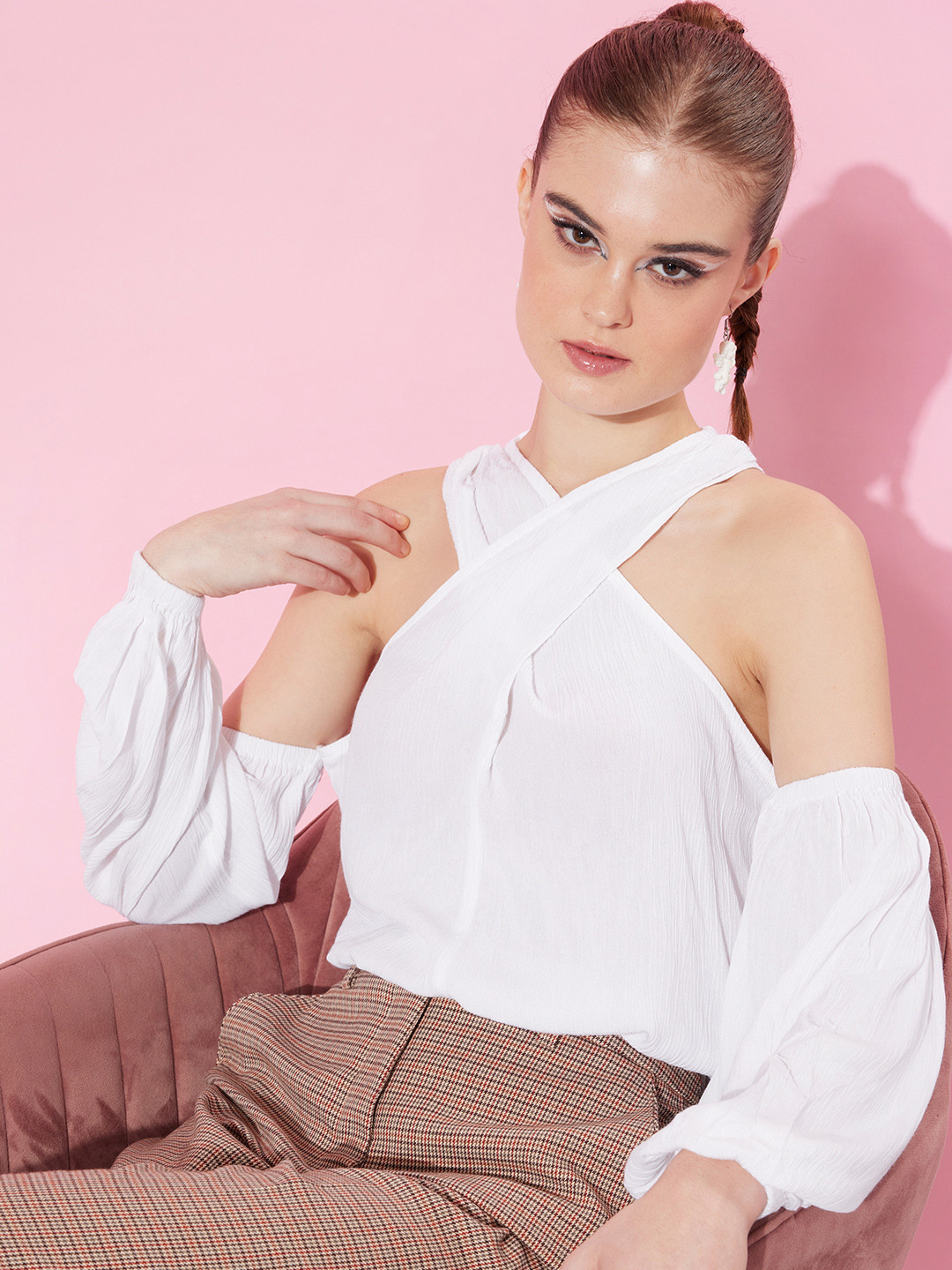 

The Roadster Life Co. Pearl White Cold-Shoulder Puff Sleeves New Necklines Self-Design Top