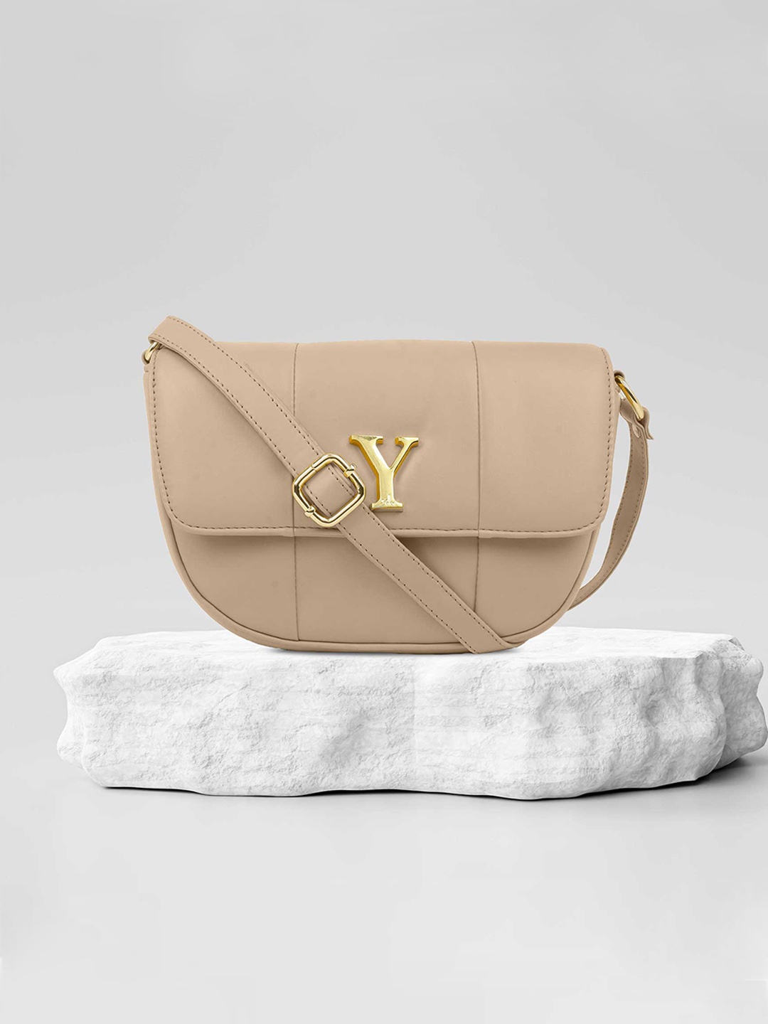 

yelloe Women Beige Solid Half Moon Sling Bag
