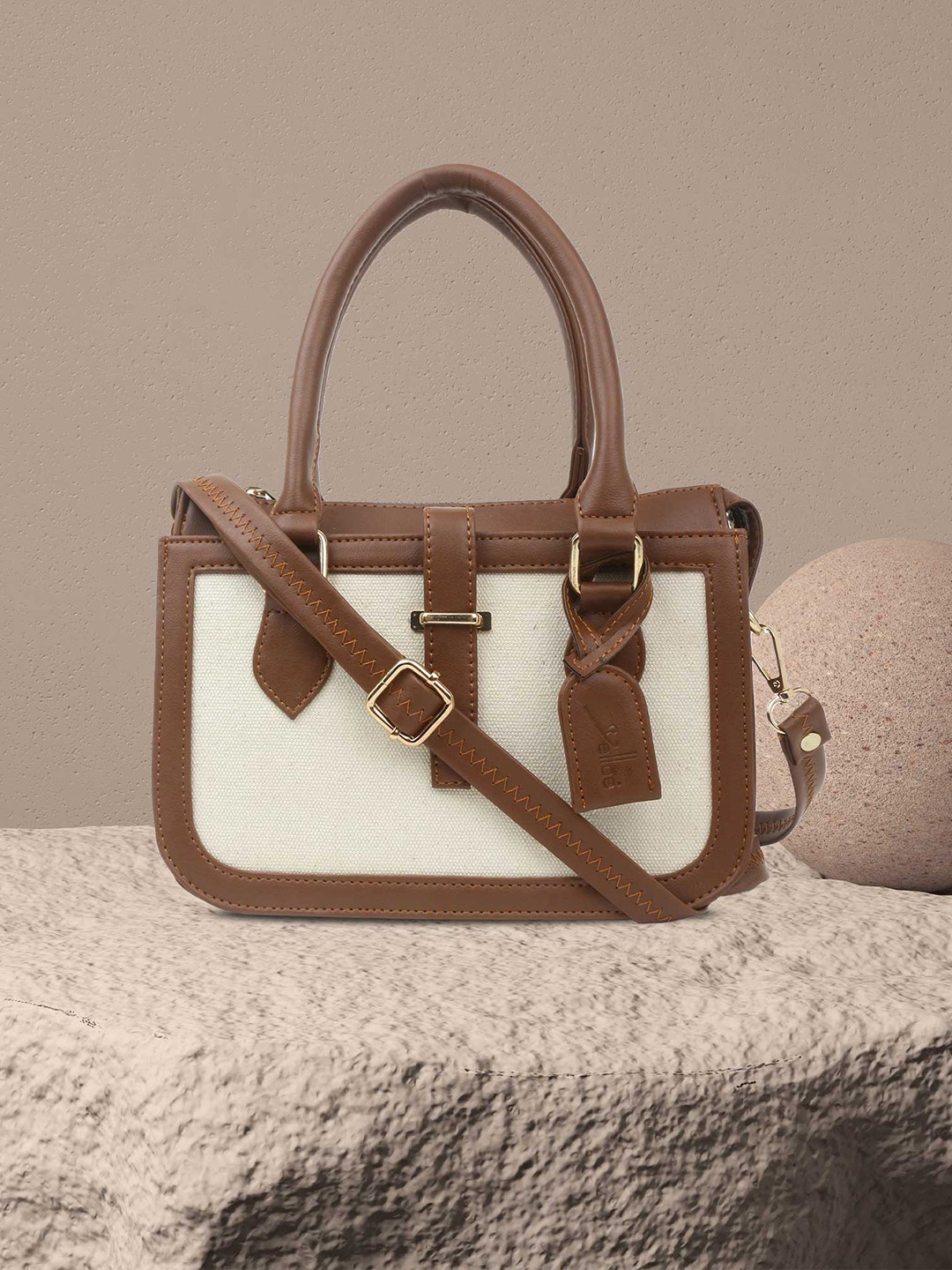 

yelloe Women Colourblocked Structured Satchel Bag, Off white