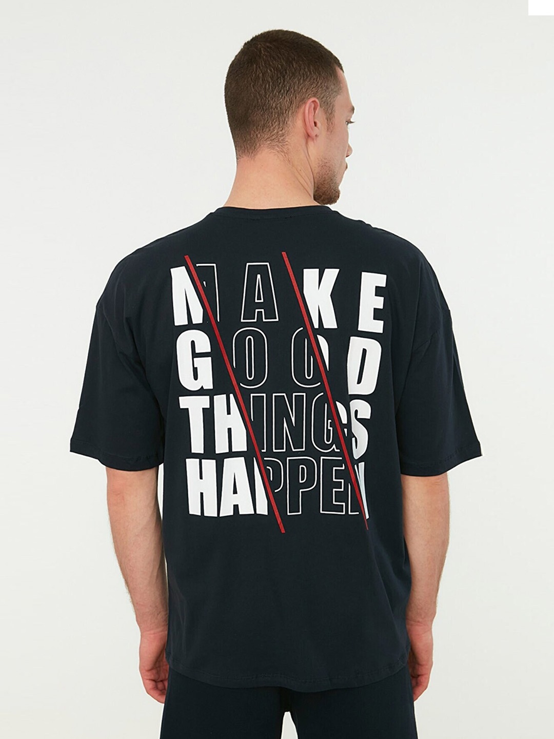 

Trendyol Men Navy Blue Typography Printed Drop-Shoulder Sleeves Cotton T-shirt