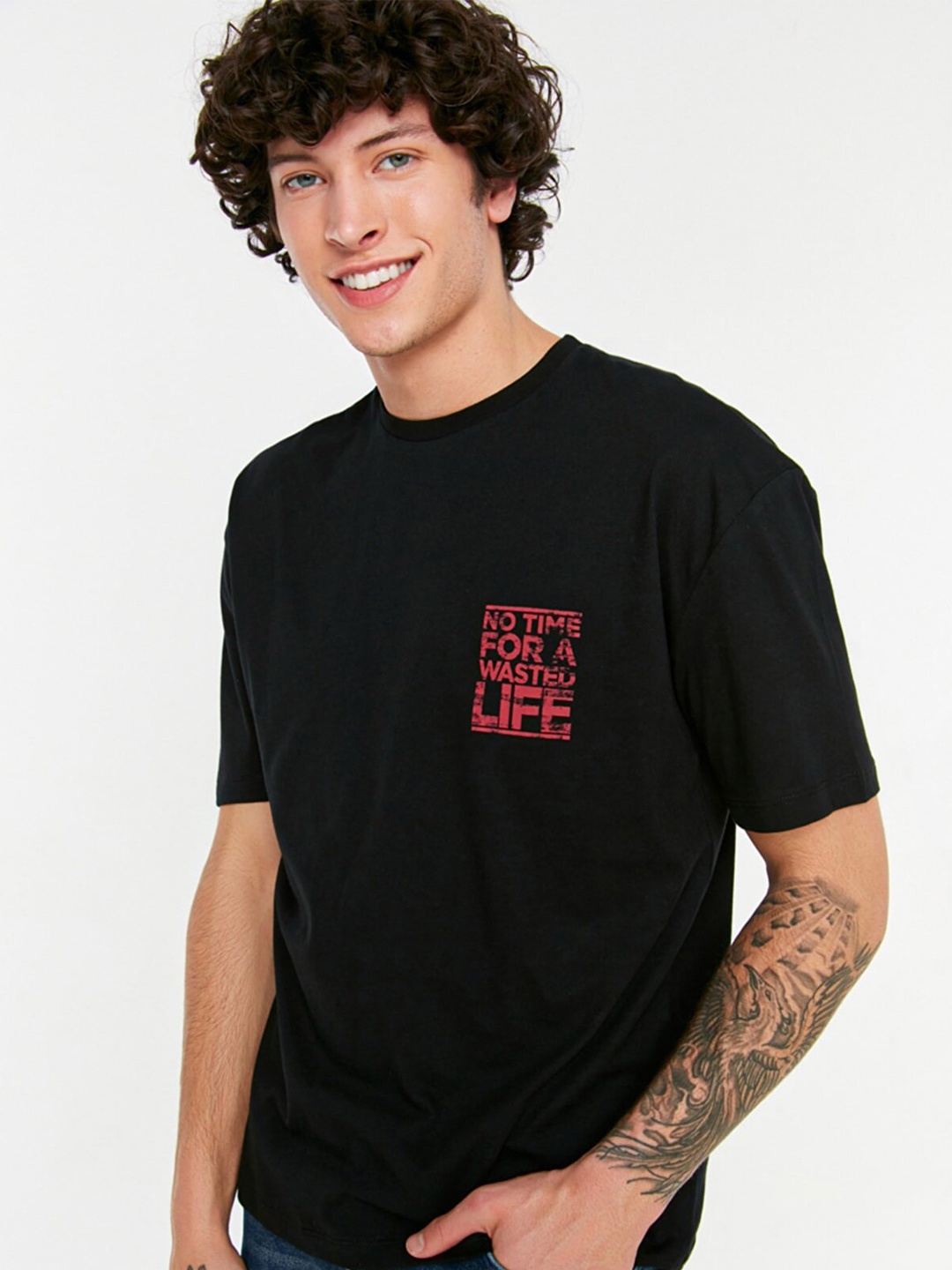 

Trendyol Men Black Typography Printed Drop-Shoulder Sleeves Cotton T-shirt