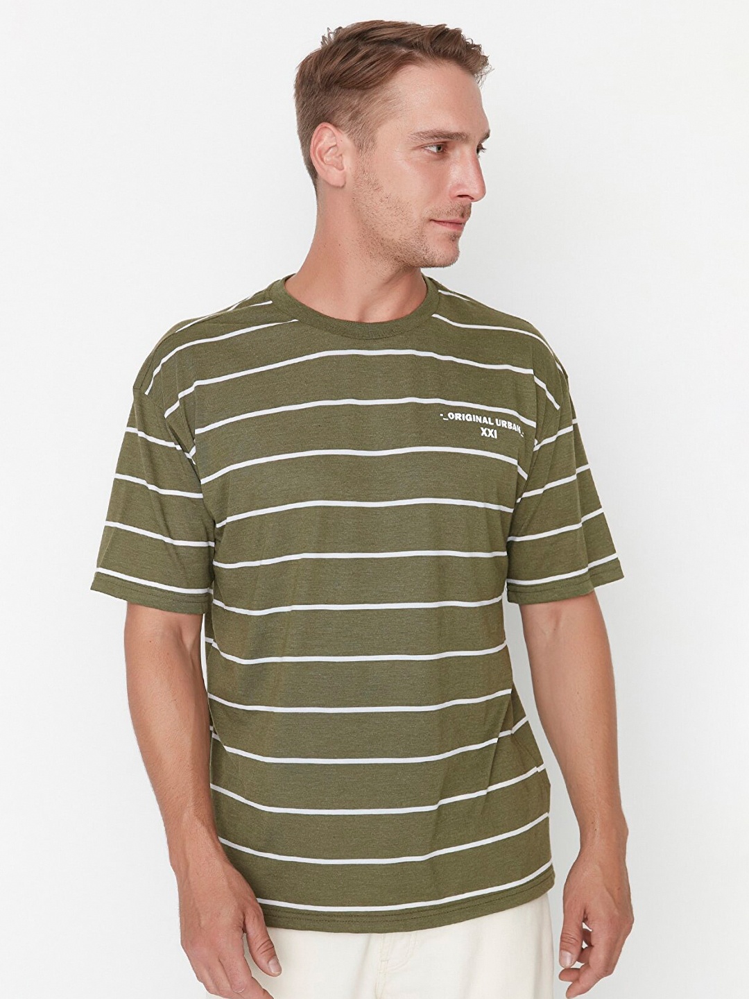 

Trendyol Men Khaki Striped Cotton T-shirt