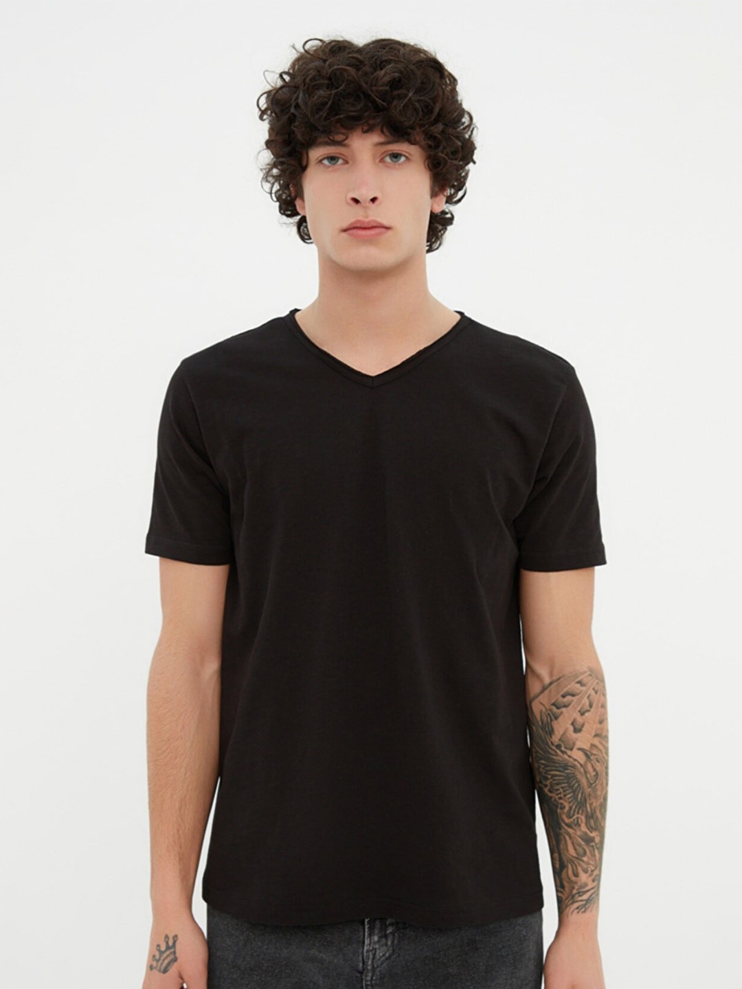 

Trendyol Men Black Solid V-Neck Cotton T-shirt
