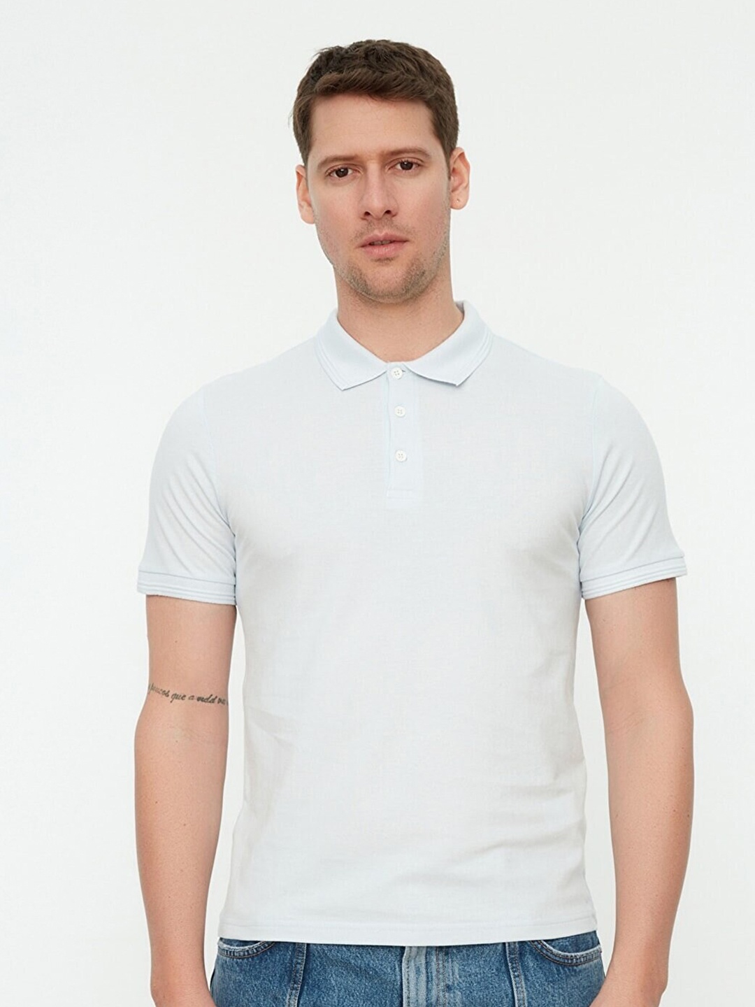 

Trendyol Men Blue Solid Polo Collar Cotton T-shirt