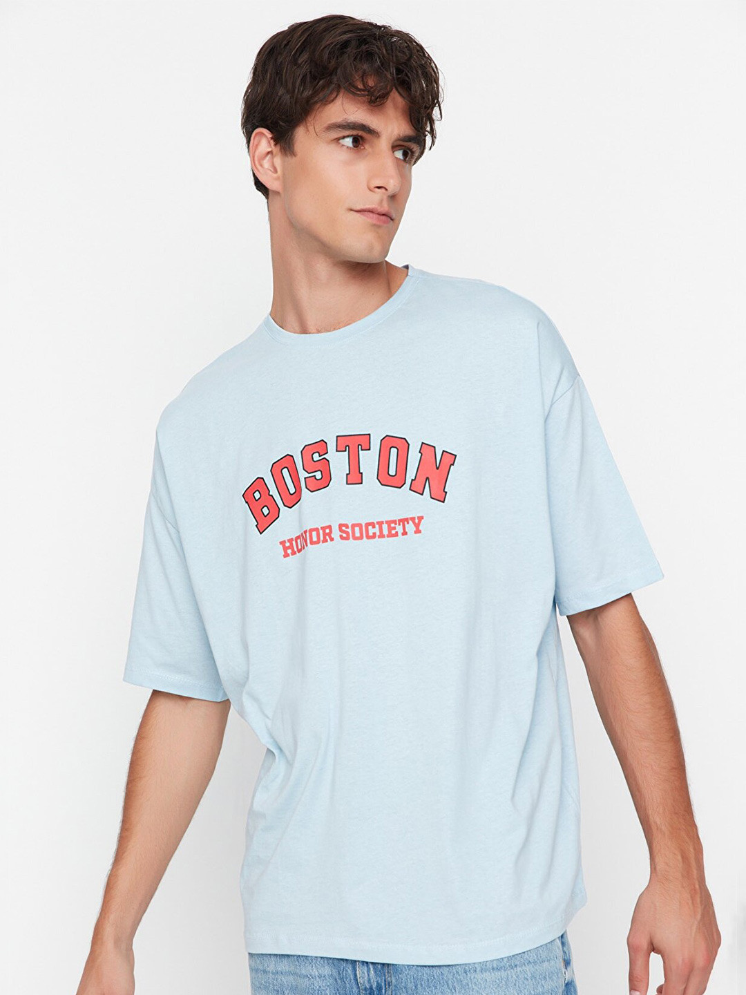 

Trendyol Men Blue Typography Printed Drop-Shoulder Sleeves Cotton T-shirt